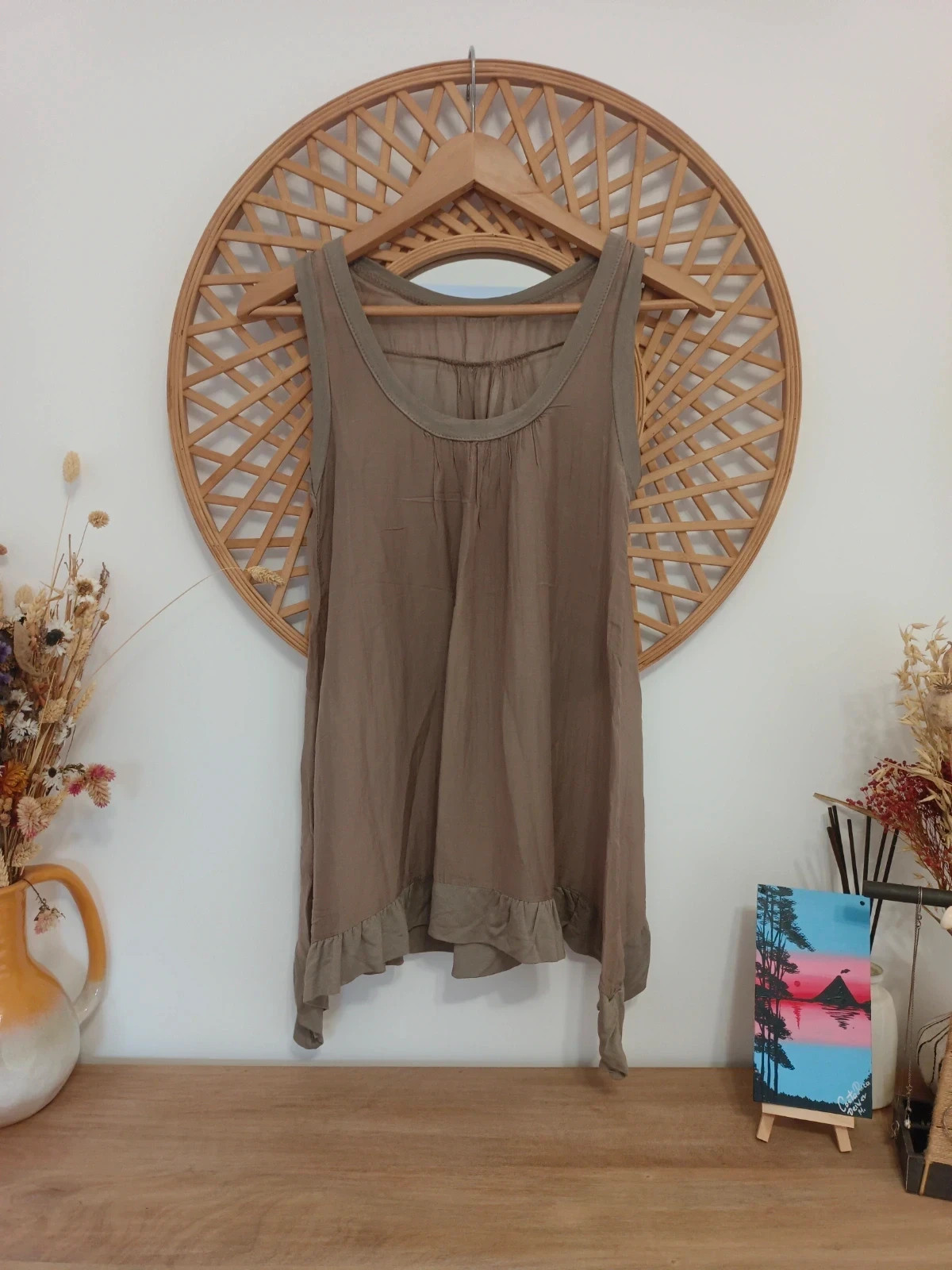 Top Seda y Viscosa Taupe Made in Italy Boho Lagenlook Asimétrico Luxury M-L – Made In Italy – taille M / 38 / 10