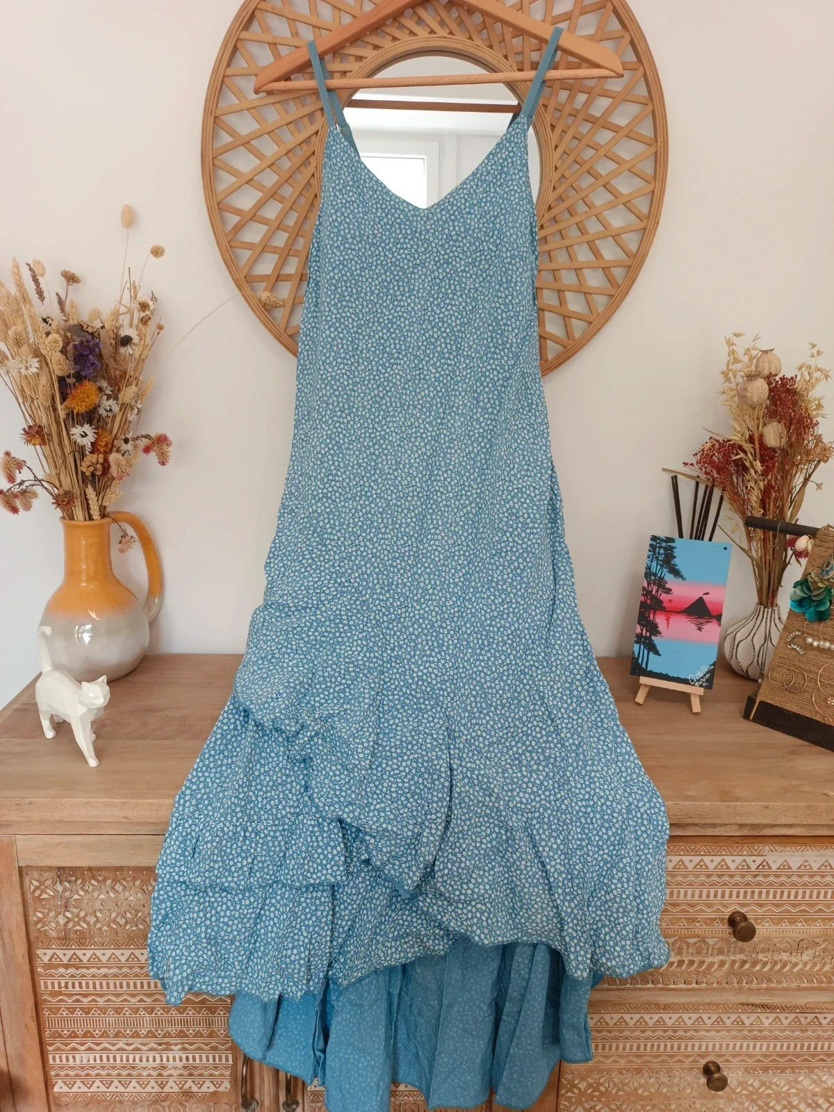 Vestido Asimétrico Azul Flores Margaritas Boho Romántico Volantes Largo por Detrás Made in Italy – New Collection – taille M / 38 / 10 2