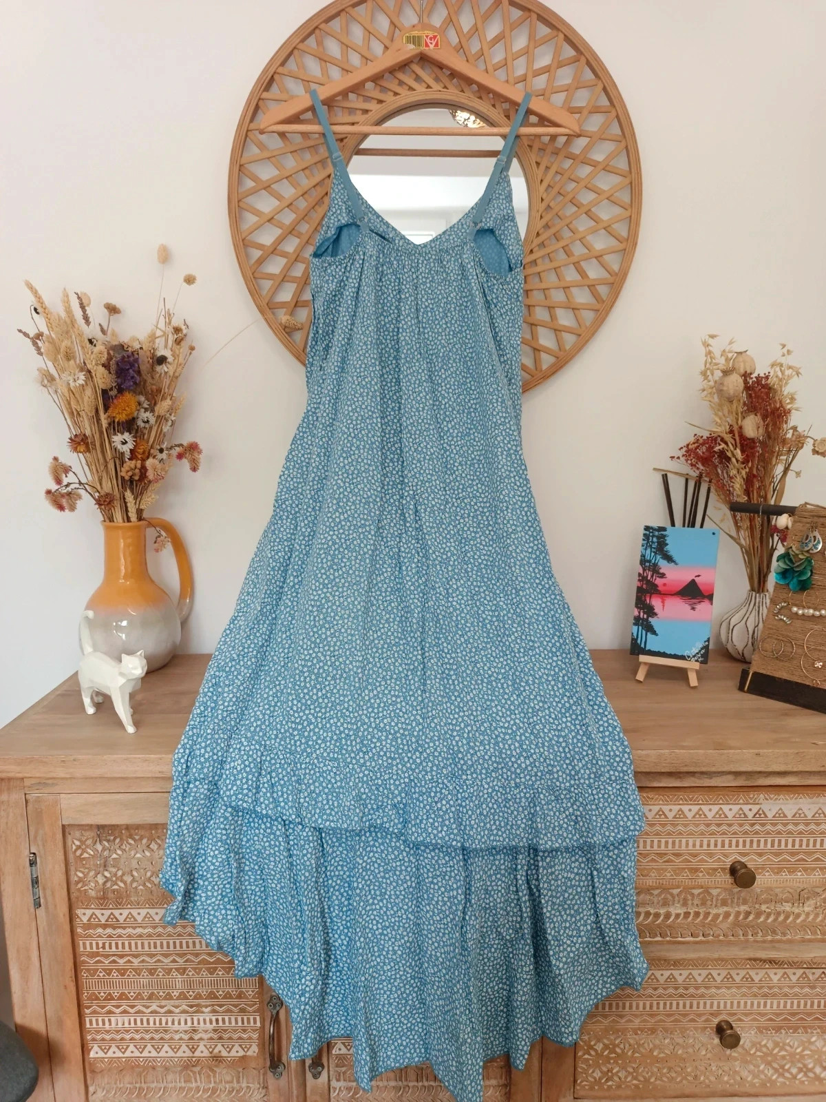 Vestido Asimétrico Azul Flores Margaritas Boho Romántico Volantes Largo por Detrás Made in Italy – New Collection – taille M / 38 / 10 4