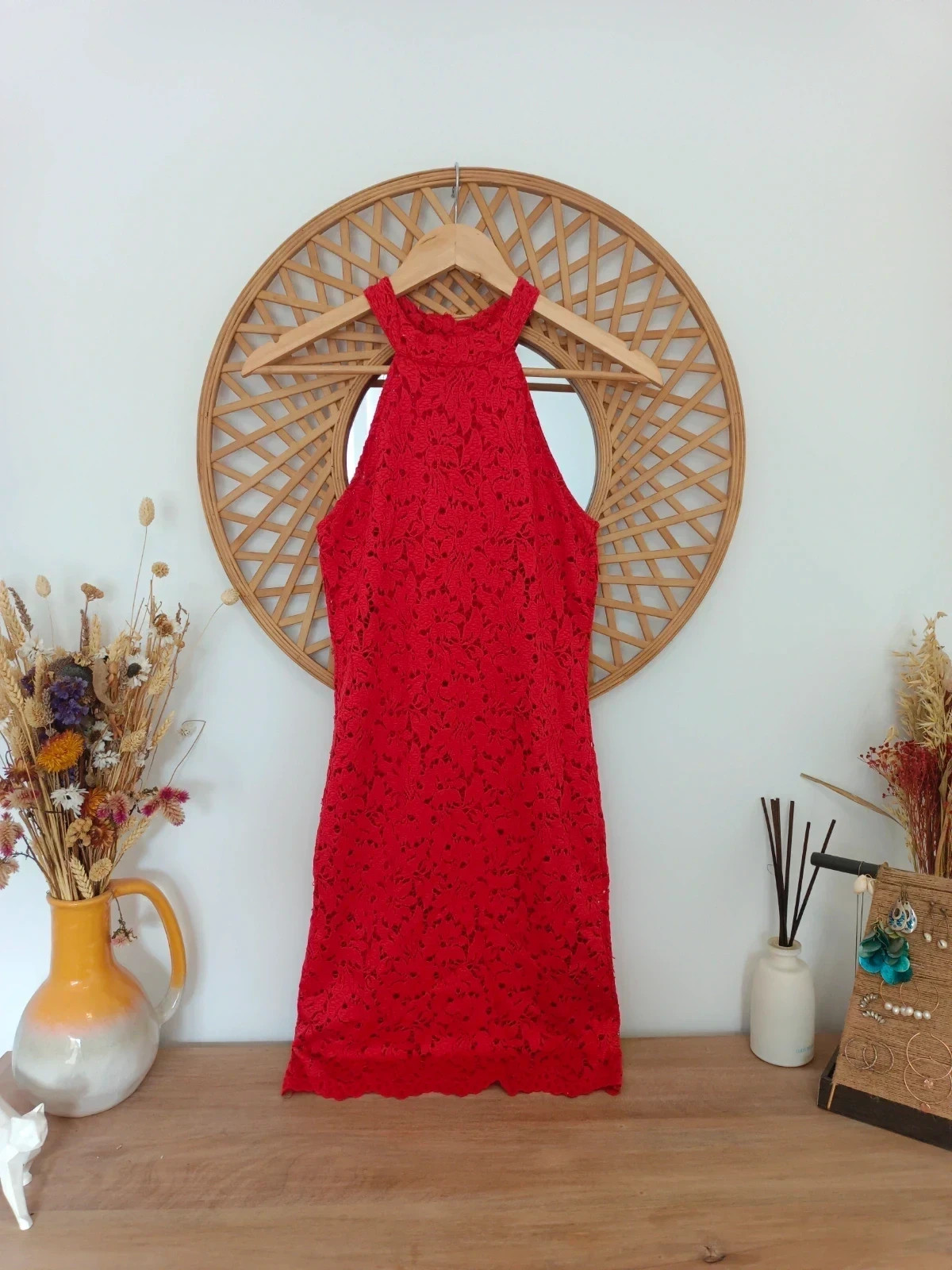Zara Trafaluc Red Lace Dress Vestido Dentelle Rouge Halter Fiesta Soirée Elegant Summer Look