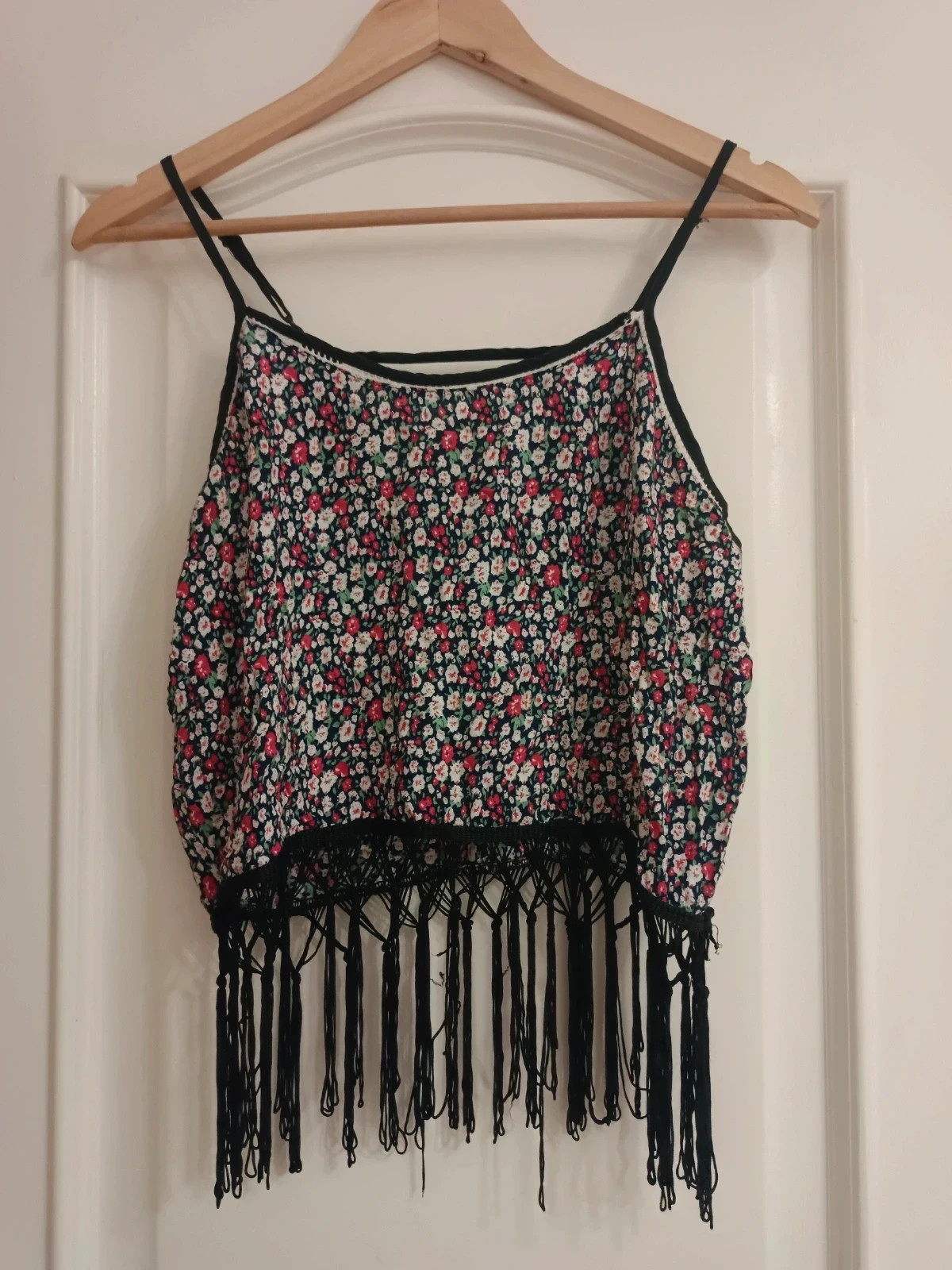 Top floral boho tirantes finos flecos negro verano festival blusa ligera mujer – Local – taille S / 36 / 8 2