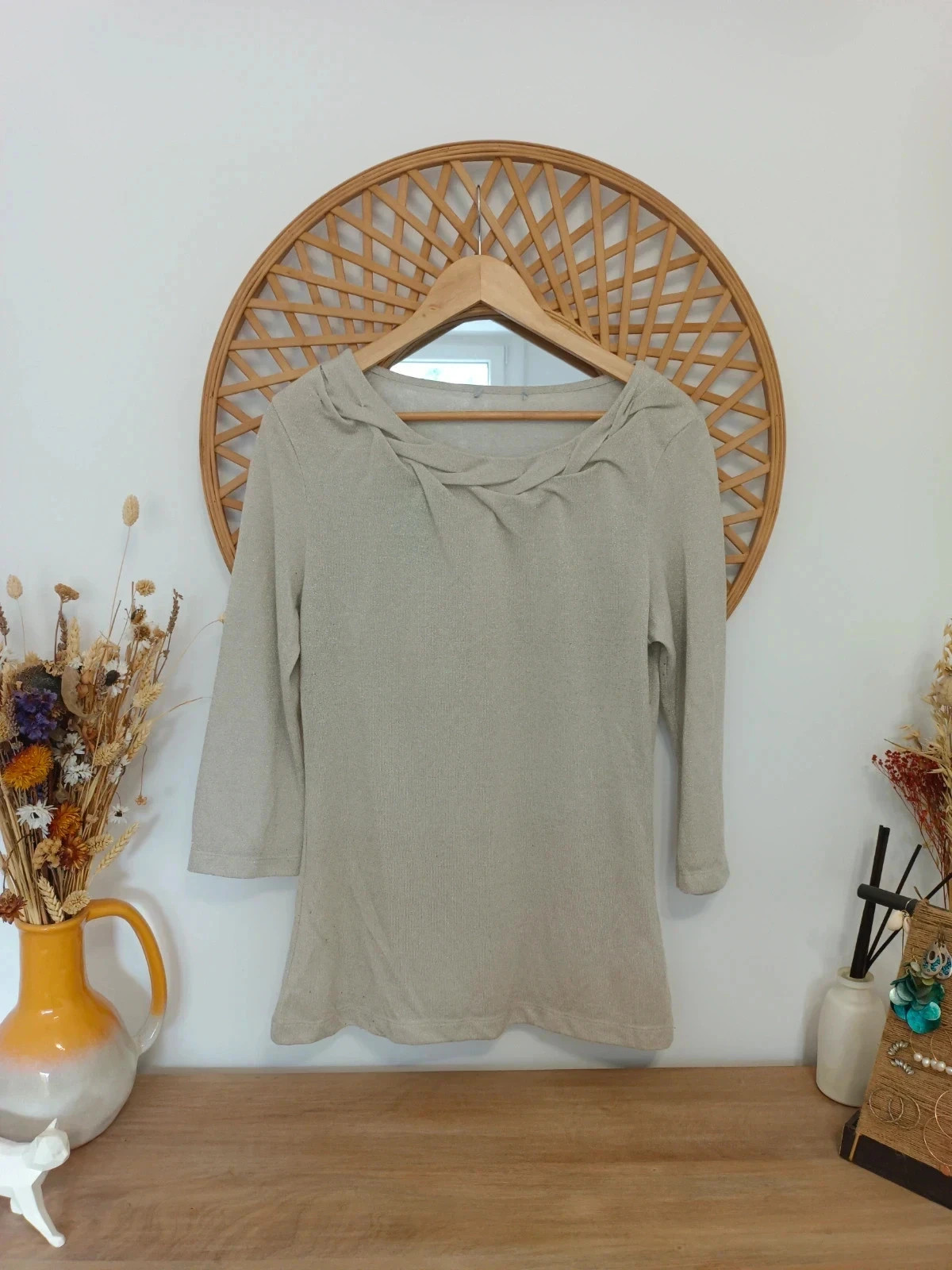 Jersey fino H&M shimmer top beige brillante manga 3/4 M-L – H&M – taille M / 38 / 10