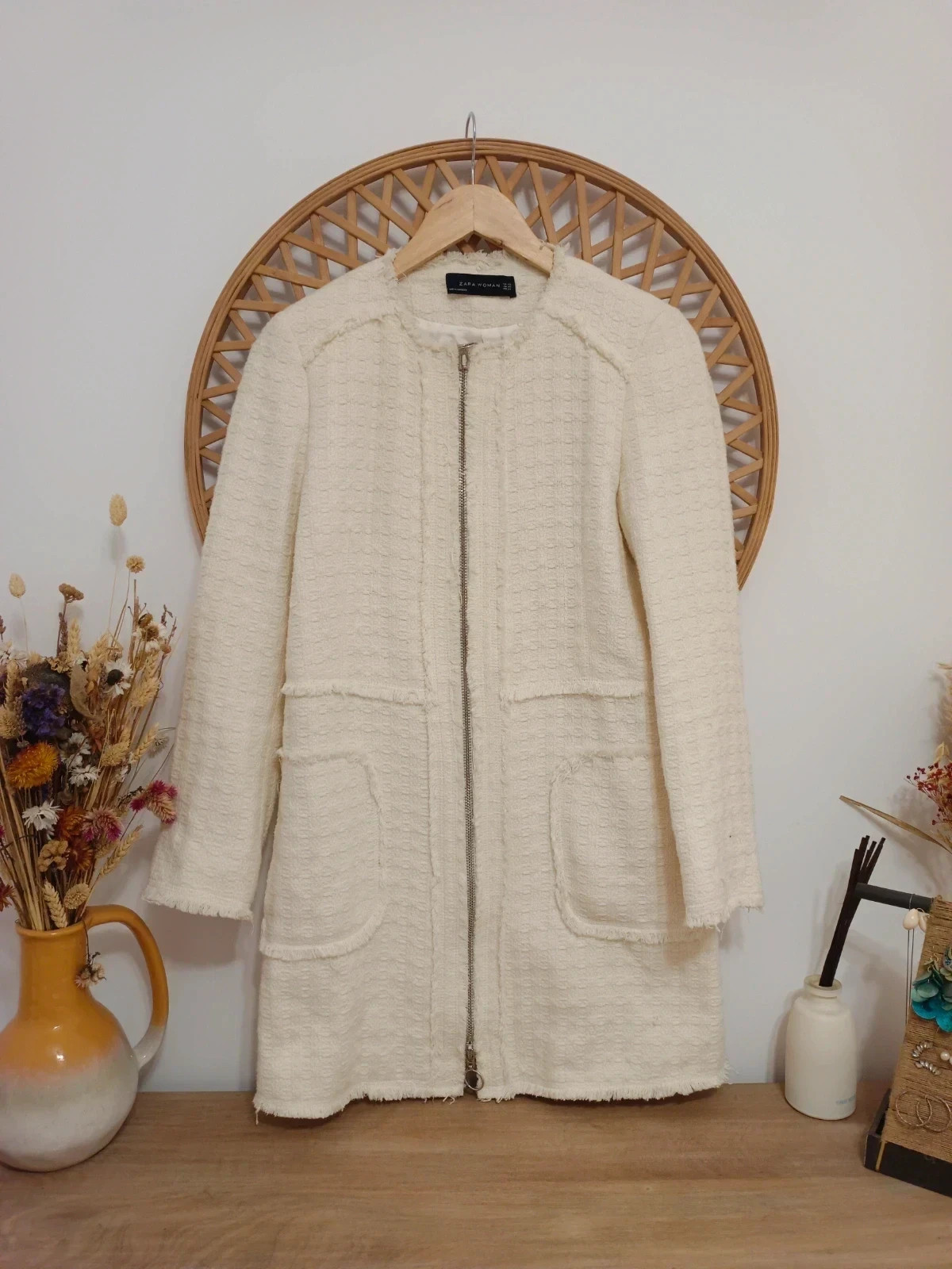 Abrigo tweed Zara Woman · manteau écru chic · ivory textured coat · cappotto bouclé