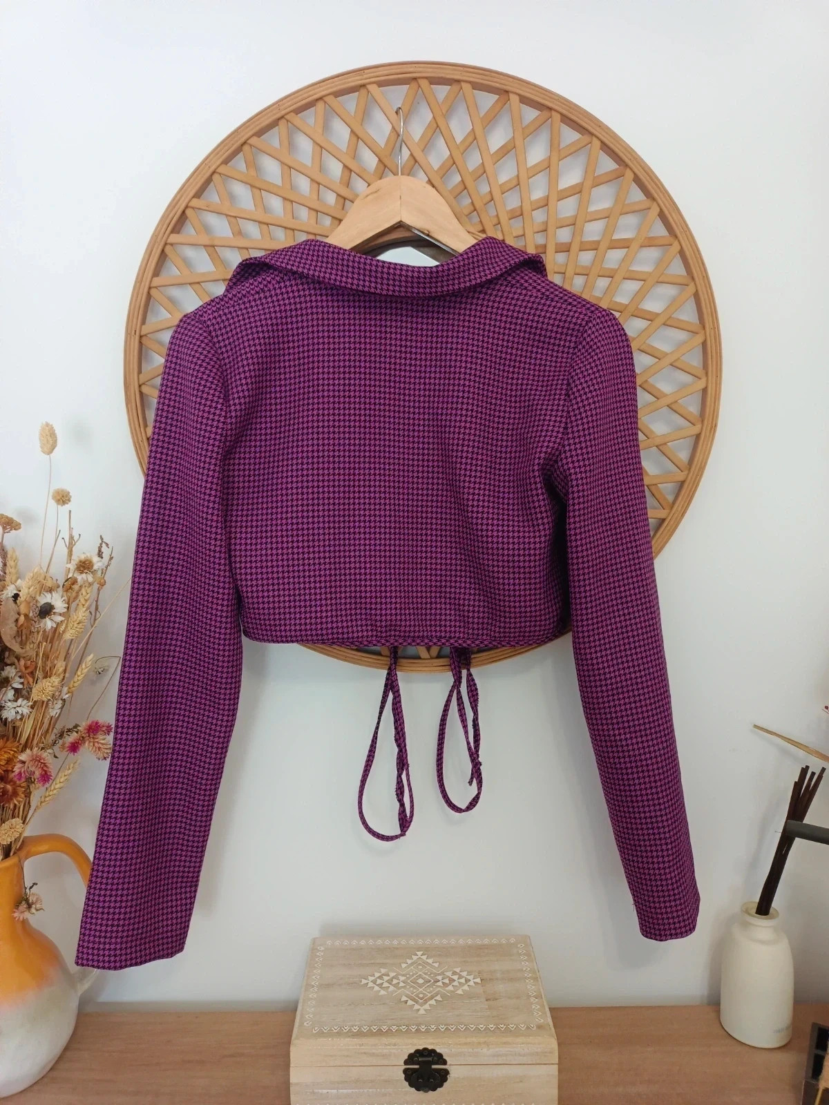 ZARA crop top pied-de-poule fucsia & noir/ decorative tie blouse / chic Parisian style / retro glam – Zara – taille M / 38 / 10 4