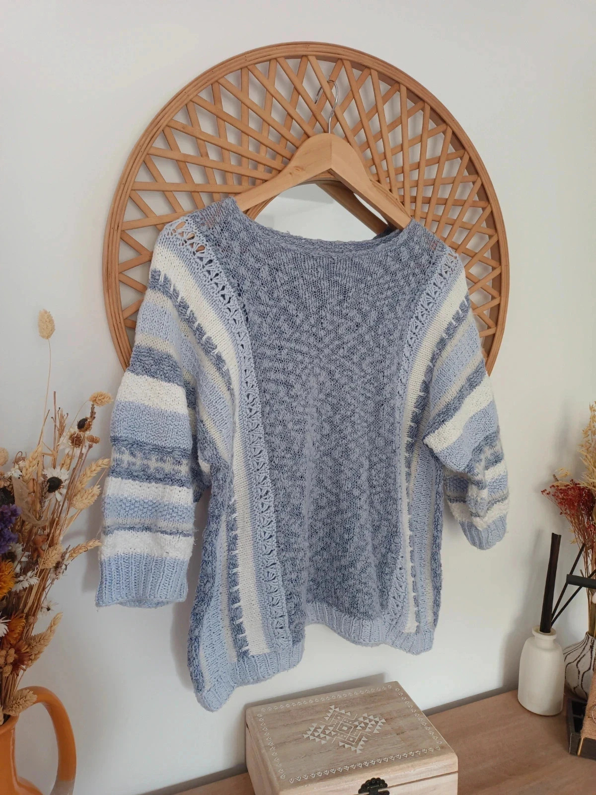 Jersey knit azul & blanco · Boho Crochet · Soft Knit Sweater · Chic Casual – Vintage Dressing – taille M / 38 / 10 3