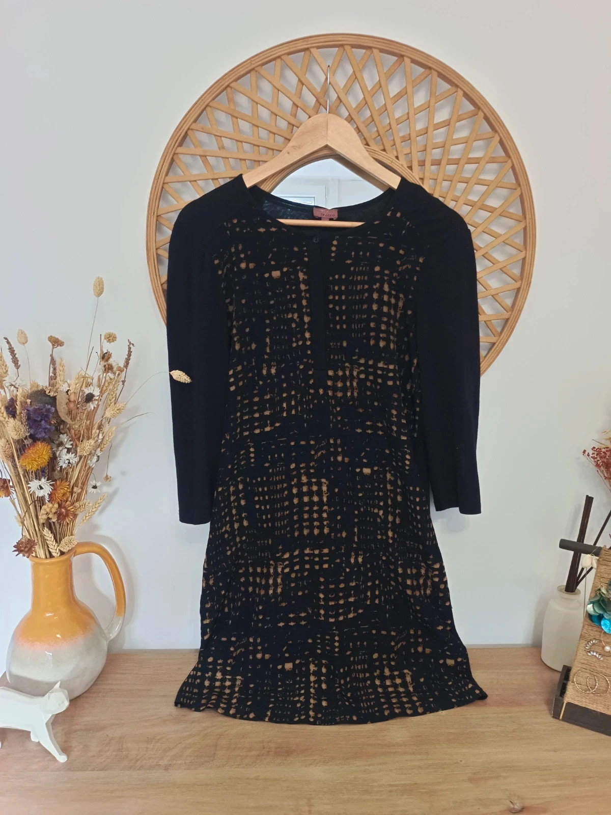 Vestido Trucco EUR 36 – printed dress navy gold – blusón elegante mujer