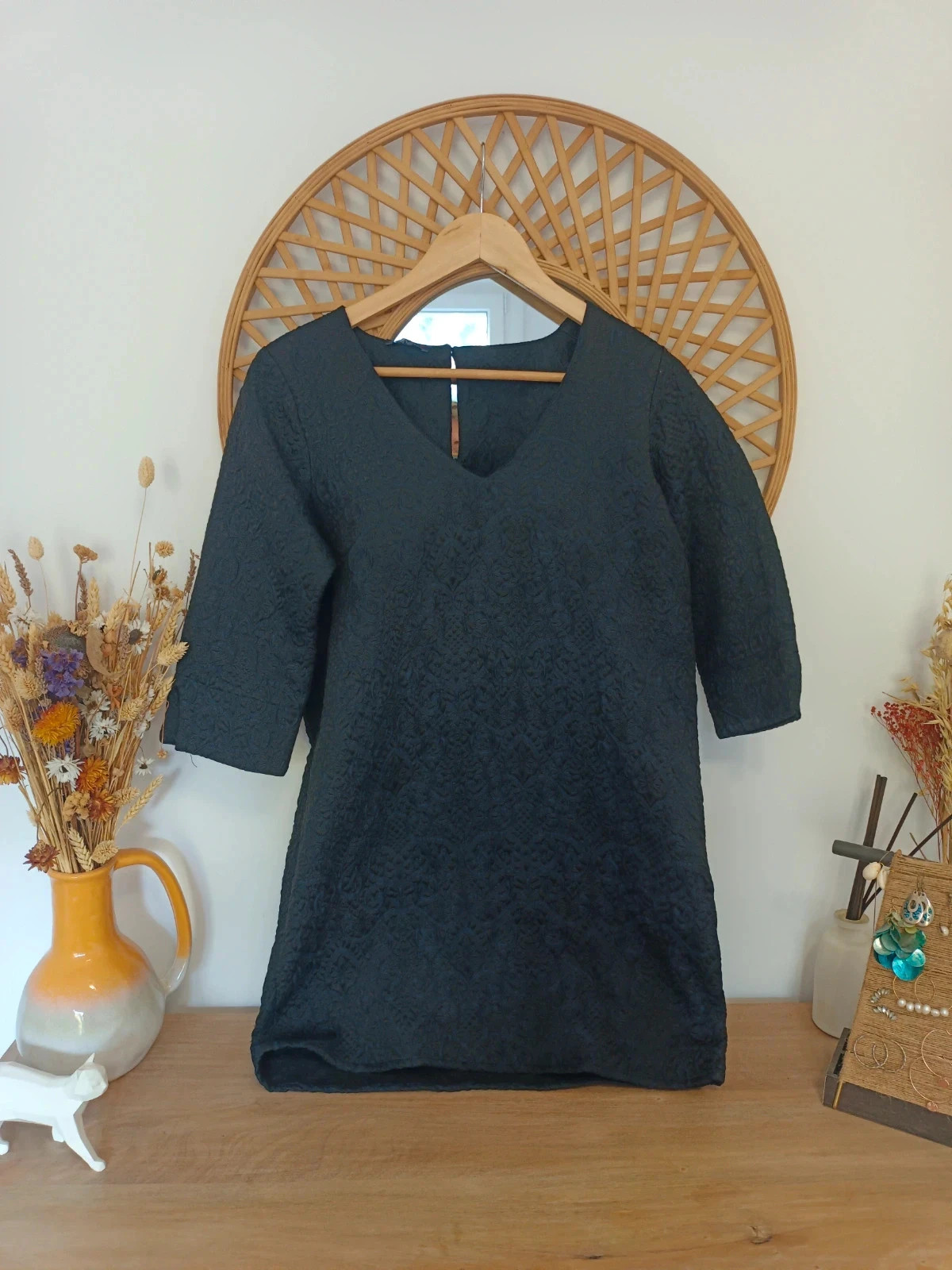 Vestido NKN Nekane negro jacquard relieve escote V talla M hecho en Francia