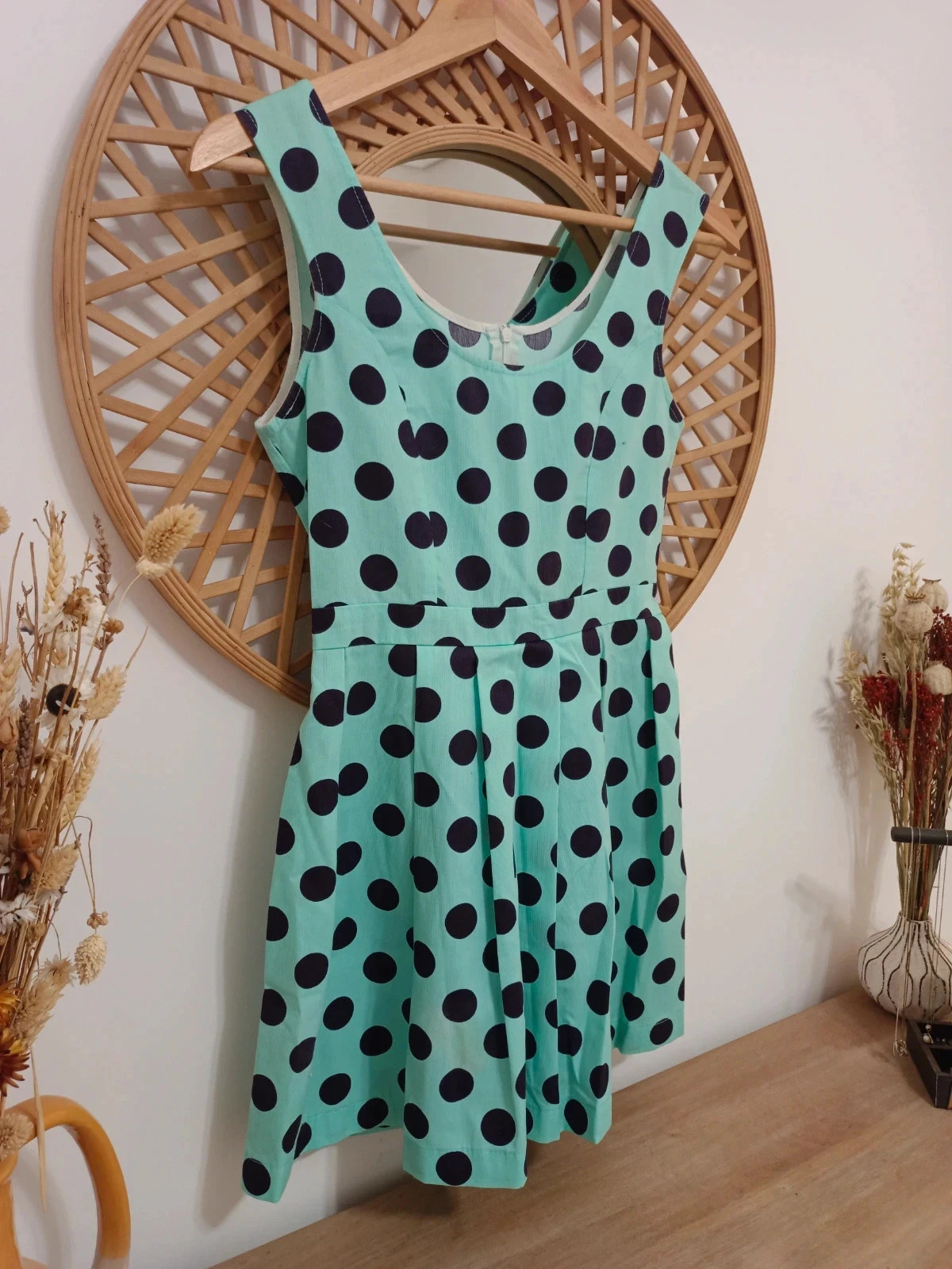Vestido de verano turquesa con topos en azul marino, exclusivo, unico – Haizea Arranz – taille XS / 34 / 6 2