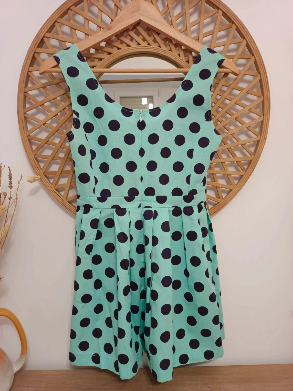 Vestido de verano turquesa con topos en azul marino, exclusivo, unico – Haizea Arranz – taille XS / 34 / 6 3