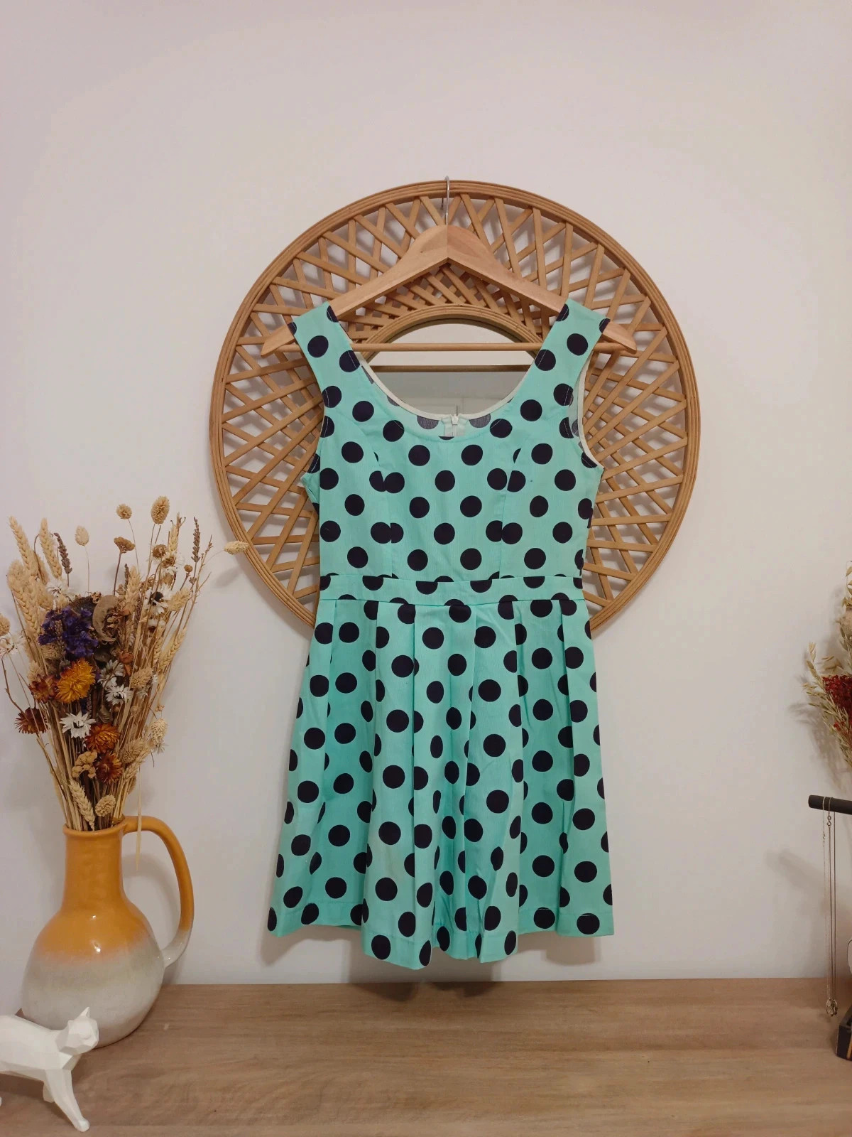 Vestido de verano turquesa con topos en azul marino, exclusivo, unico – Haizea Arranz – taille XS / 34 / 6