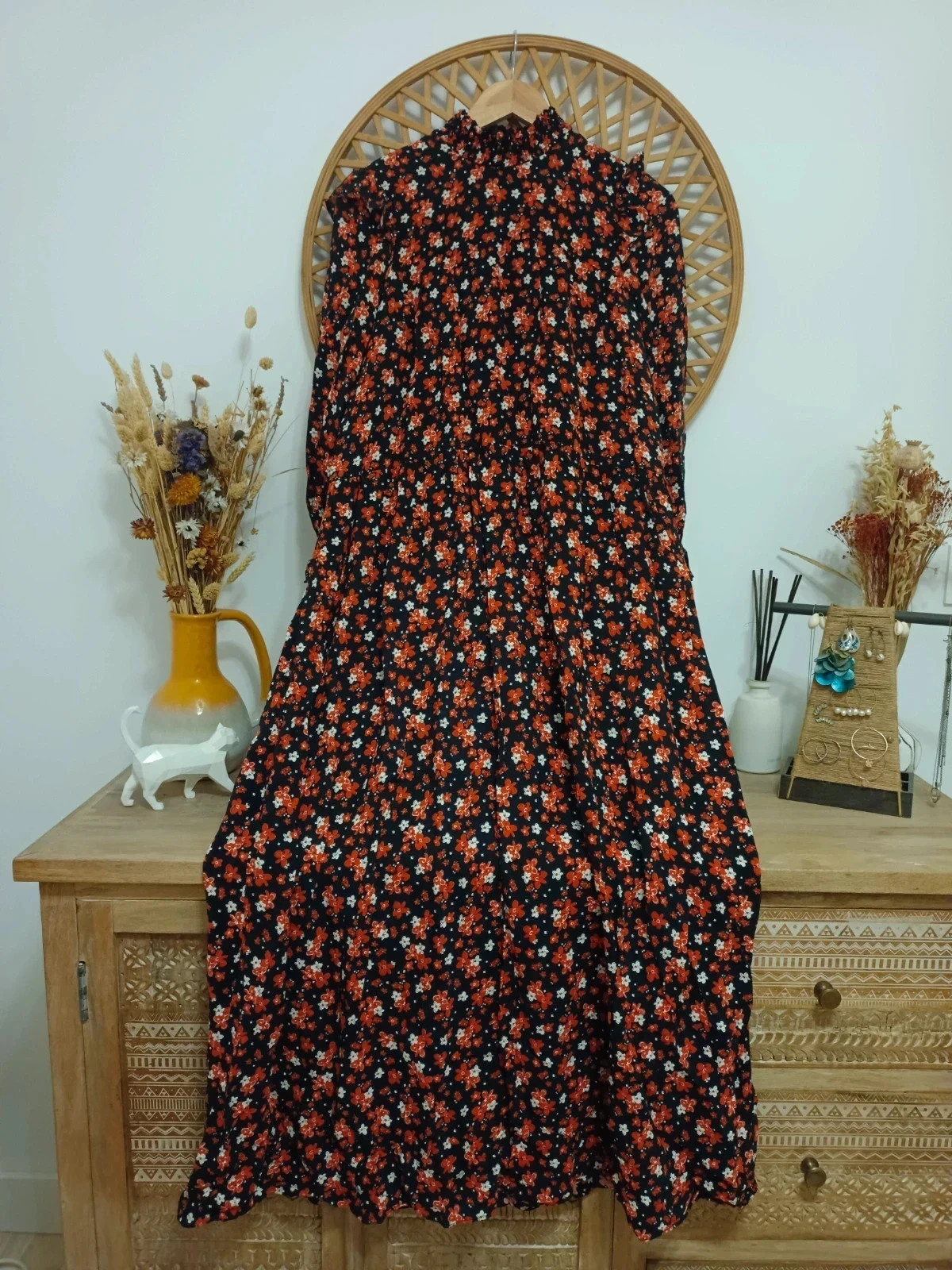 Zara floral long dress XS-S vestido largo boho romántico black red – Zara – taille XS / 34 / 6