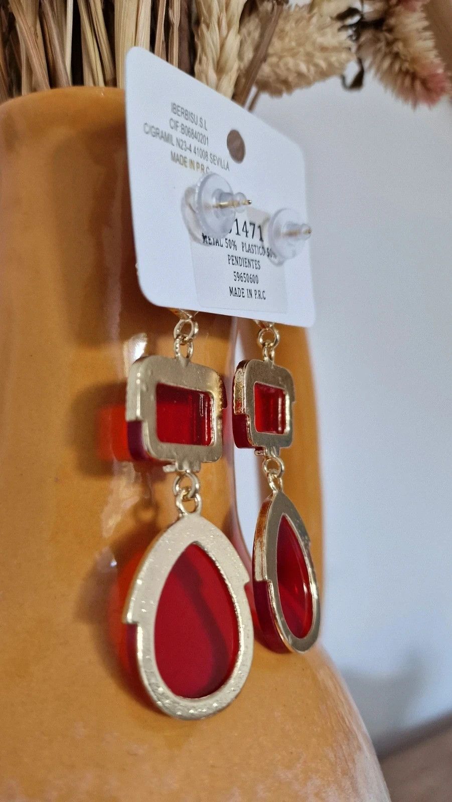 Pendientes largos rojos dorados · Red Statement Earrings · Boucles d’oreilles rouges – Monica – taille Taille unique 5