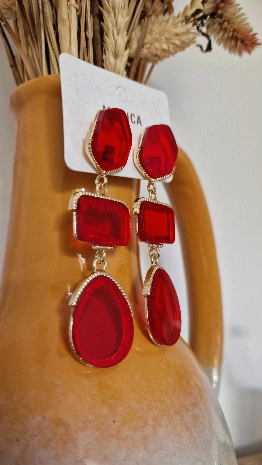 Pendientes largos rojos dorados · Red Statement Earrings · Boucles d’oreilles rouges – Monica – taille Taille unique 2