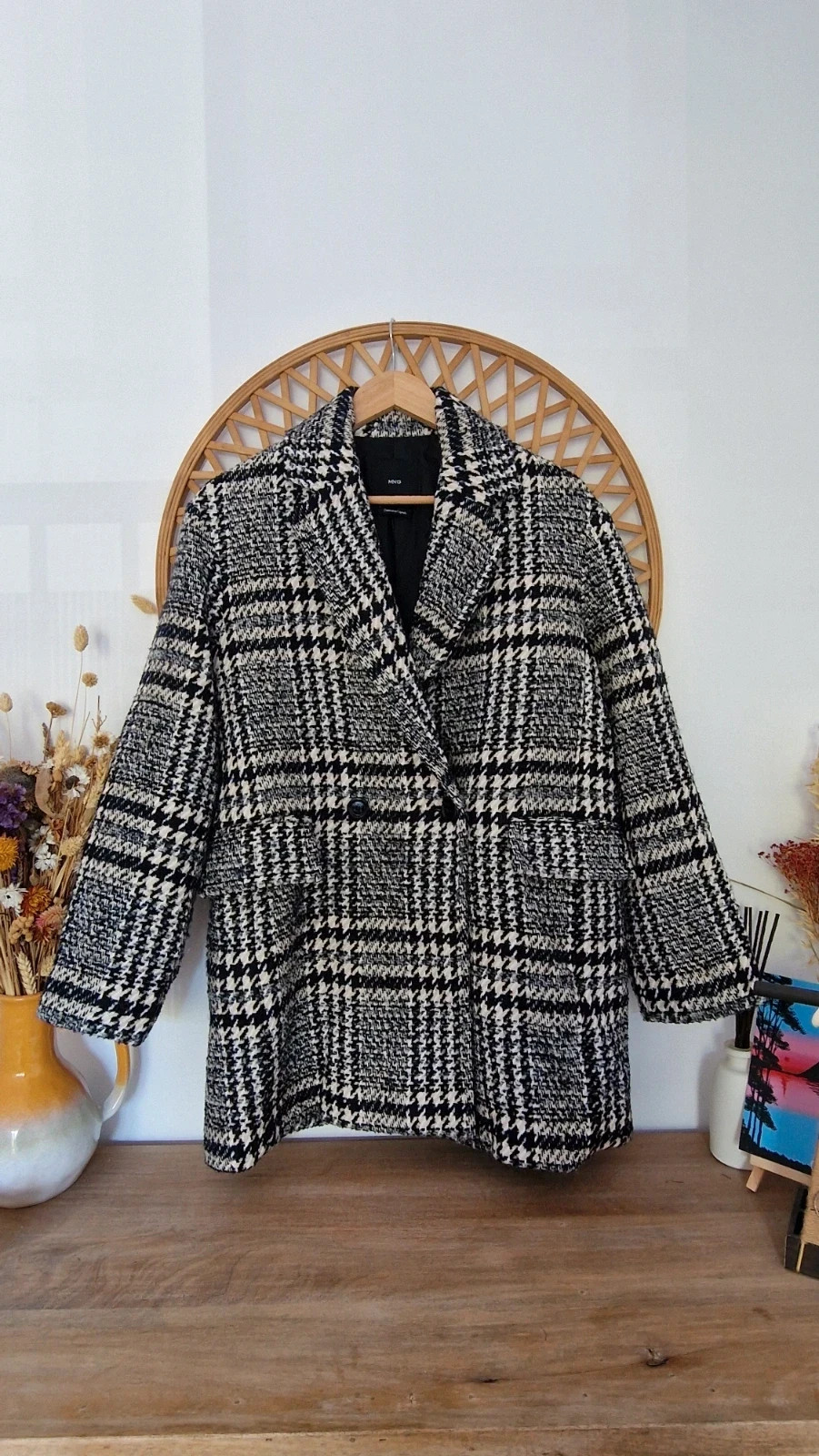 Abrigo Mango MNG de cuadros pata de gallo blanco y negro – Talla S – Mango – taille EU 36