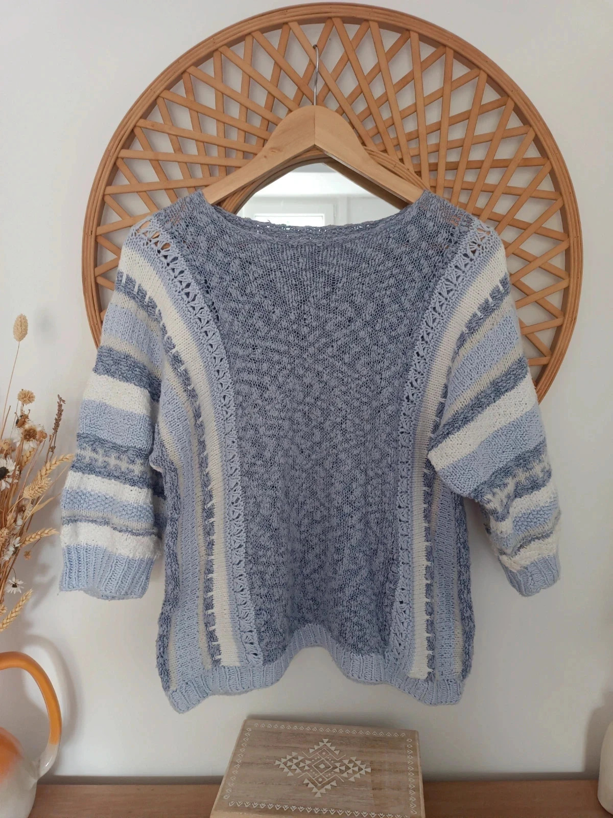 Jersey knit azul & blanco · Boho Crochet · Soft Knit Sweater · Chic Casual – Vintage Dressing – taille S / 36 / 8 2