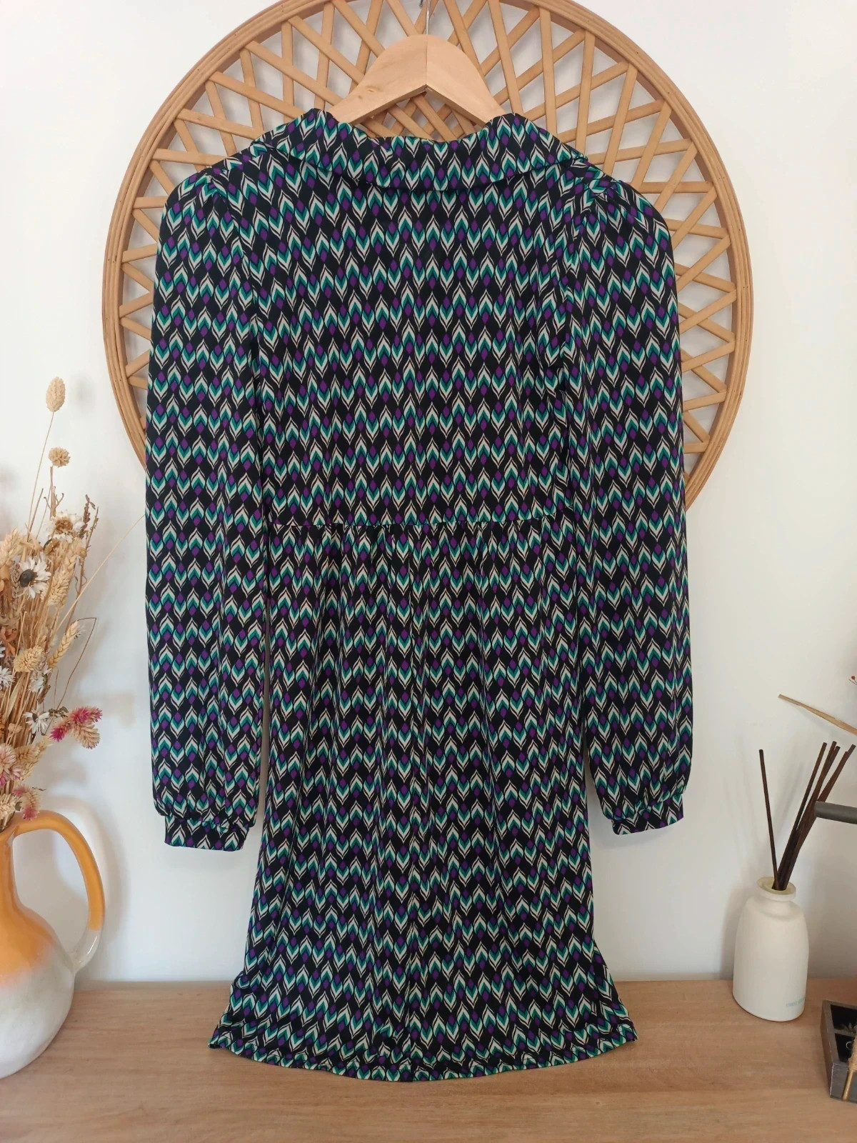 Promod Geometric Dress Black Green Purple Vestido Estampado Robe Femme Herbst Look – Promod – taille M / 38 / 10 4
