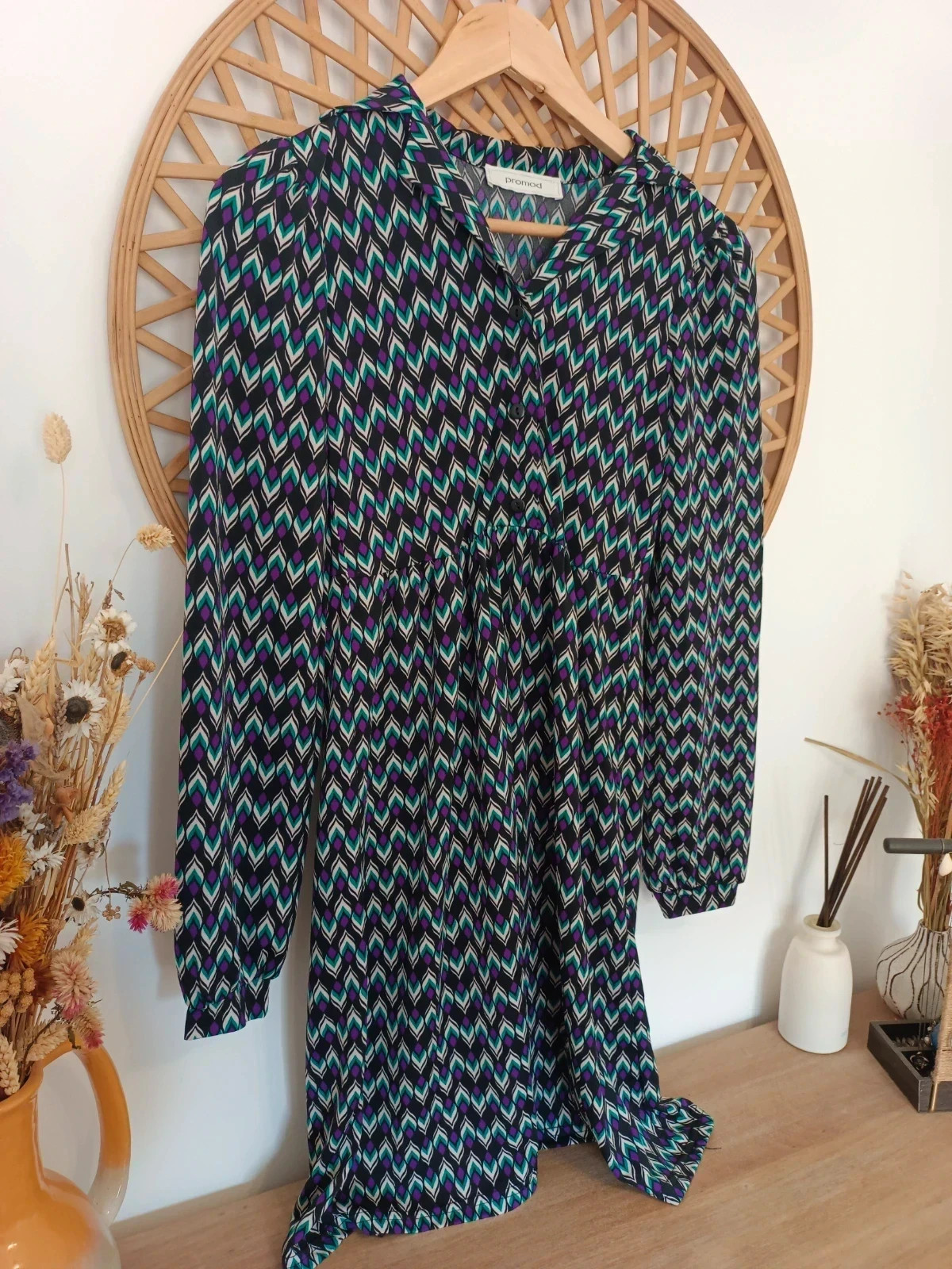 Promod Geometric Dress Black Green Purple Vestido Estampado Robe Femme Herbst Look – Promod – taille M / 38 / 10 3