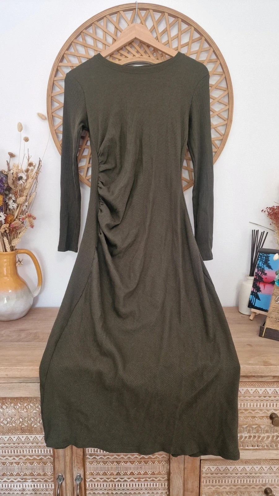 Vestido midi Zara verde caqui fruncido lateral manga larga talla S – Zara – taille S / 36 / 8 2