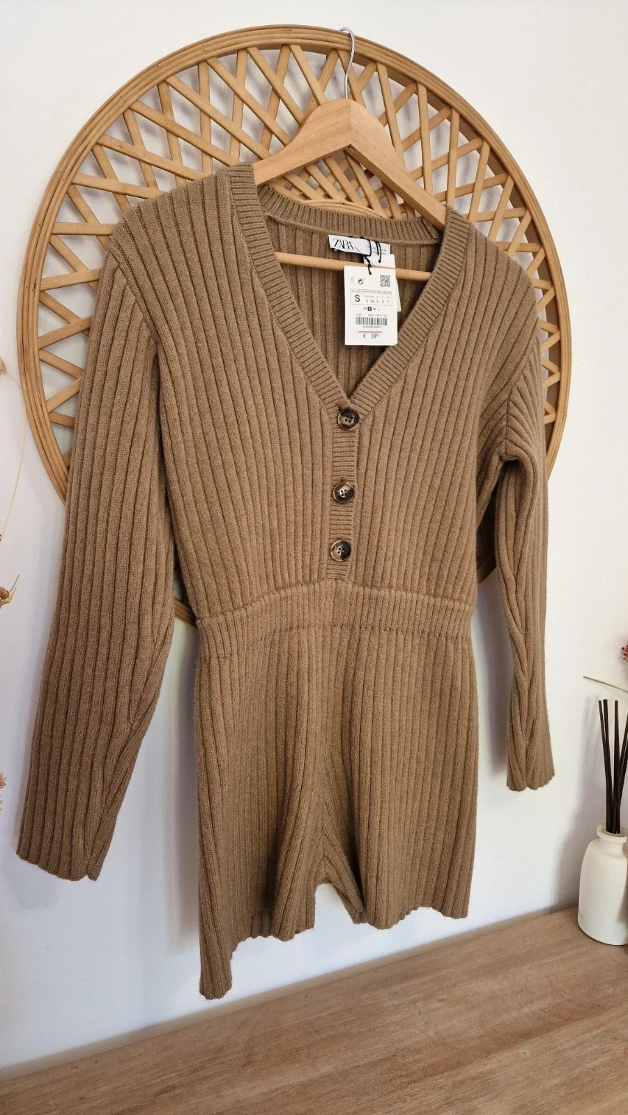 Mono otoño-invierno Zara Marrón Camel Punto Canalé · Brown Knit Romper · Combishort Maille · Talla S – Zara – taille S / 36 / 8 3