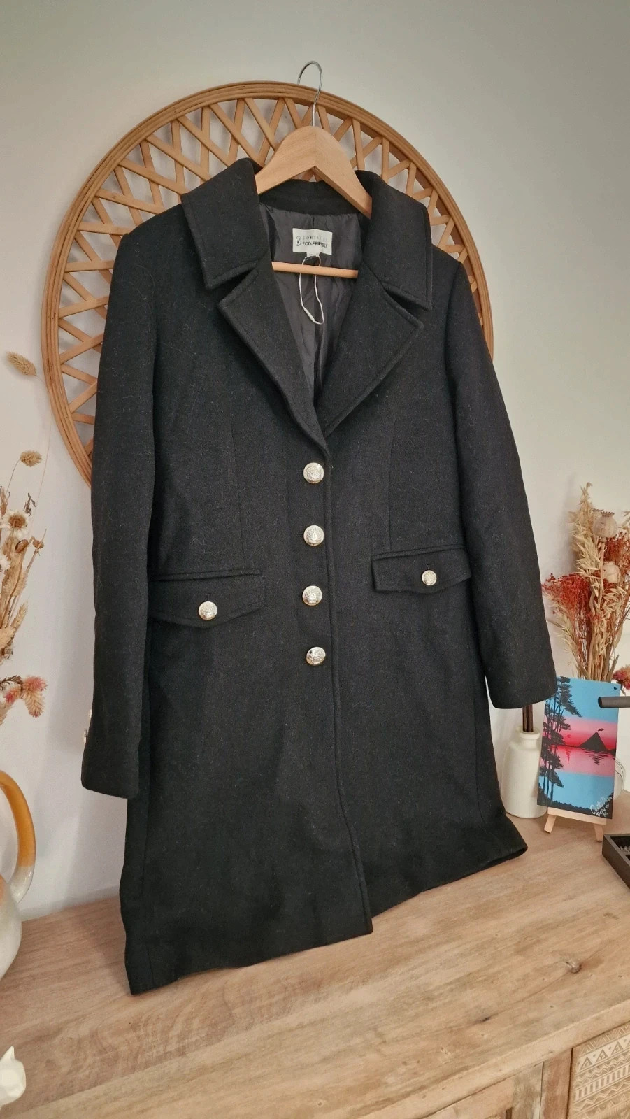 Abrigo largo negro Cortefiel mujer talla S botones joya elegante chic coat manteau cappotto – Cortefiel – taille S / 36 / 8 3