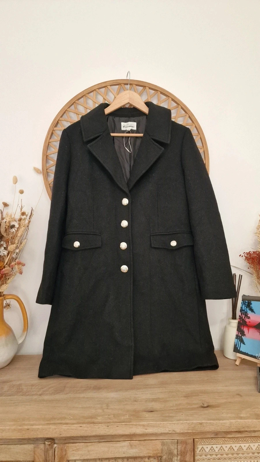Abrigo largo negro Cortefiel mujer talla S botones joya elegante chic coat manteau cappotto – Cortefiel – taille S / 36 / 8 2