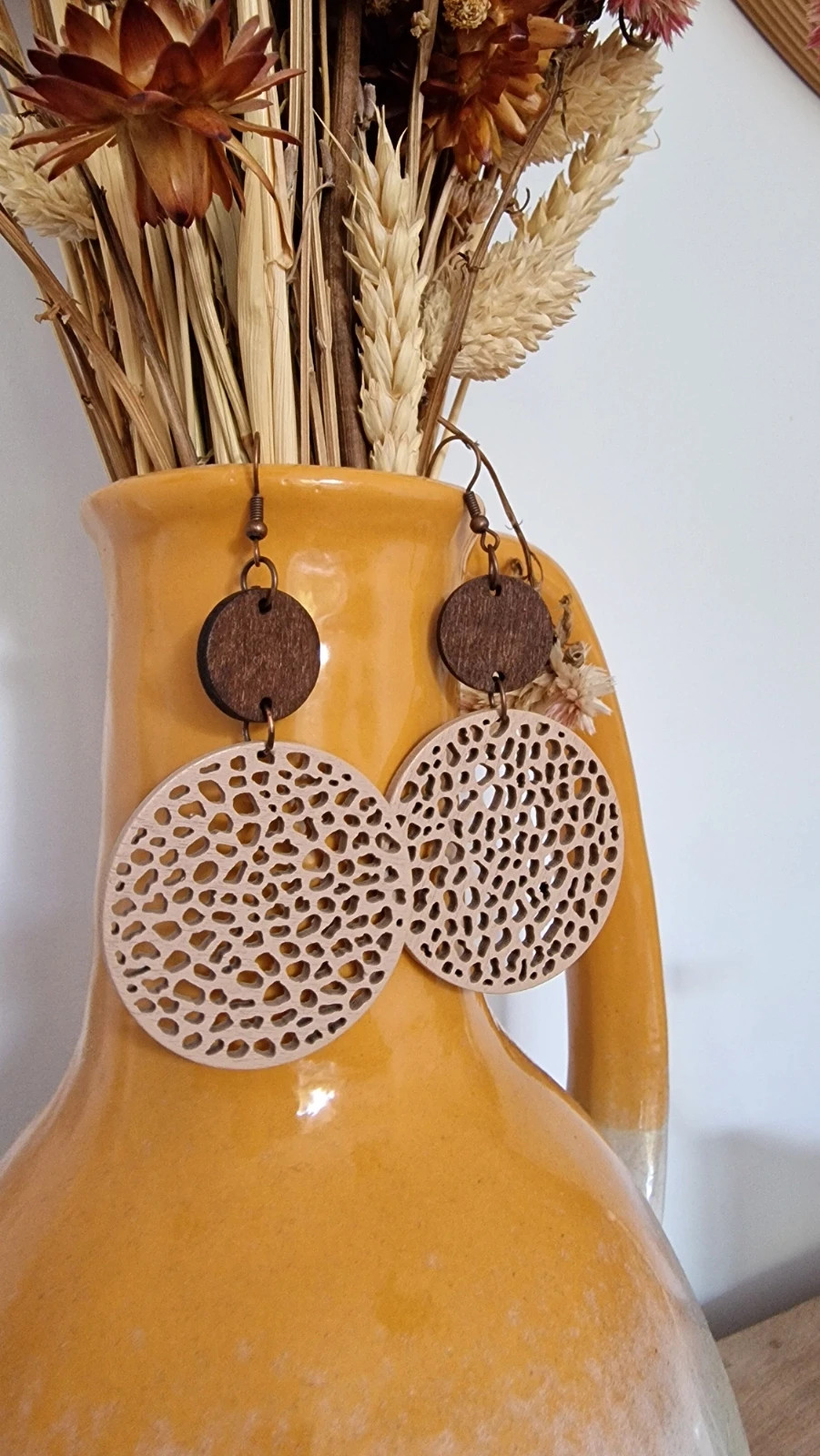 Pendientes largos madera calados boho · Wooden Earrings · Boucles Bois · Orecchini Legno – Local 2
