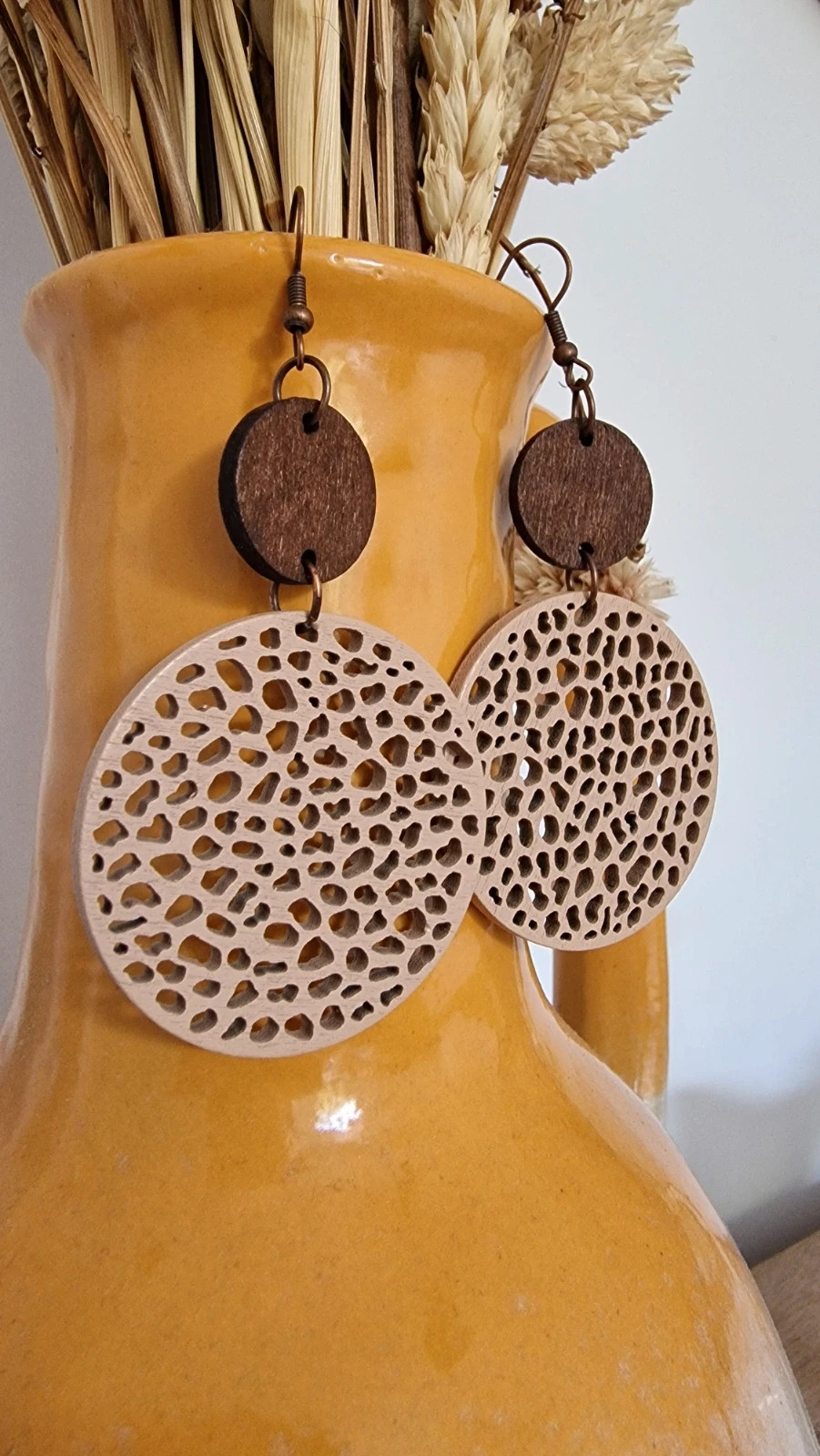 Pendientes largos madera calados boho · Wooden Earrings · Boucles Bois · Orecchini Legno – Local 3