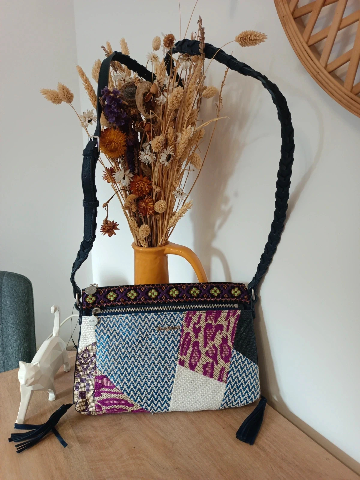 Bolso Desigual Patchwork Multicolor Bordado Asa Trenzada Boho Ethnic Shoulder Bag – Desigual 2