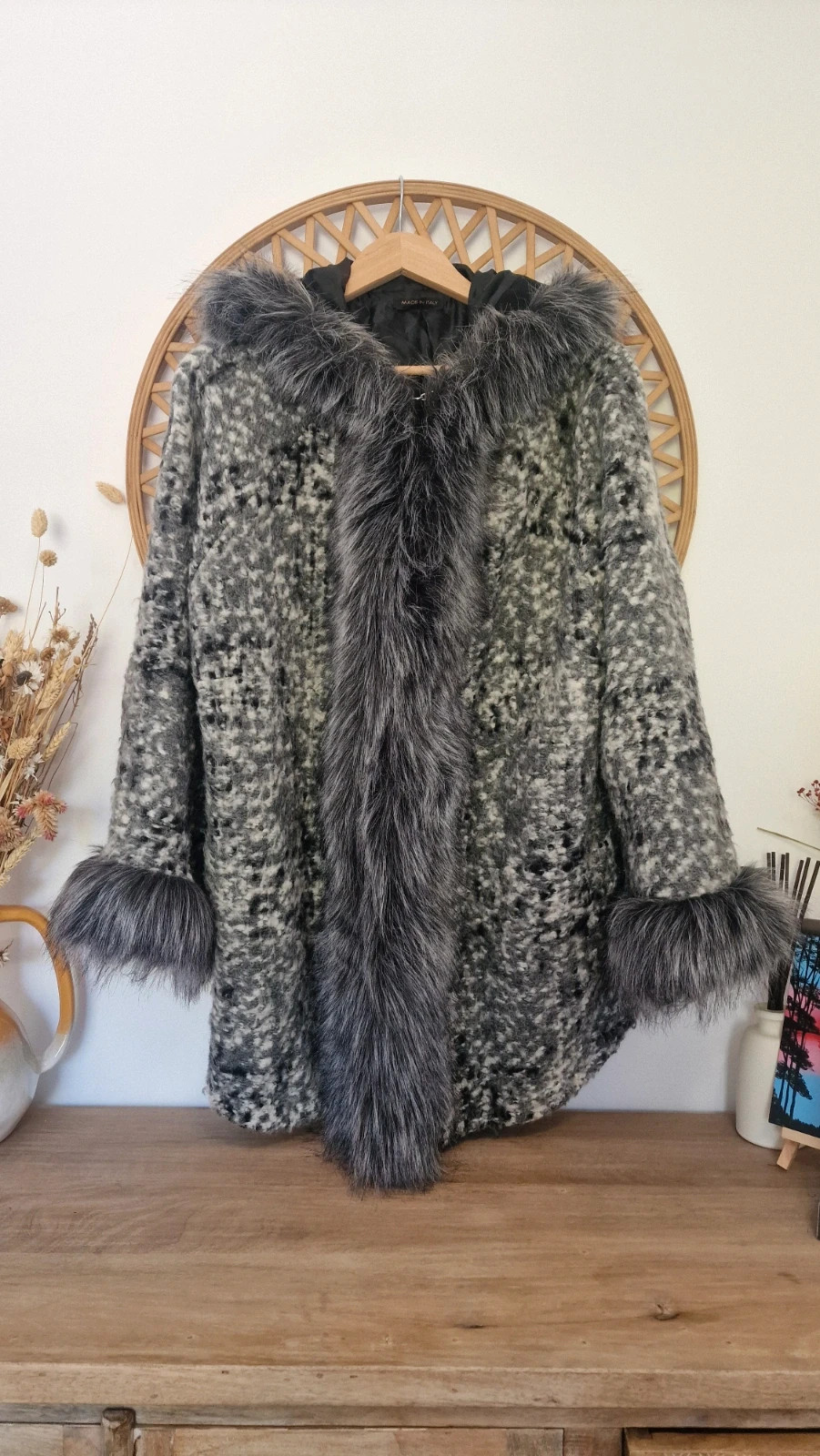 Abrigo lana gris pelo capucha Made in Italy | Manteau laine fourrure | Wool Fur Coat – Made In Italy – taille L / 40 / 12 2