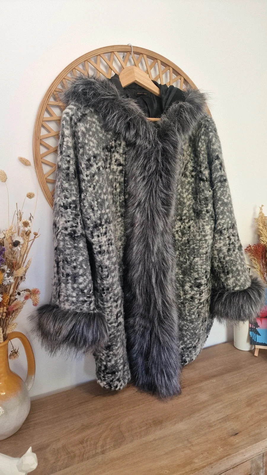 Abrigo lana gris pelo capucha Made in Italy | Manteau laine fourrure | Wool Fur Coat – Made In Italy – taille L / 40 / 12 3