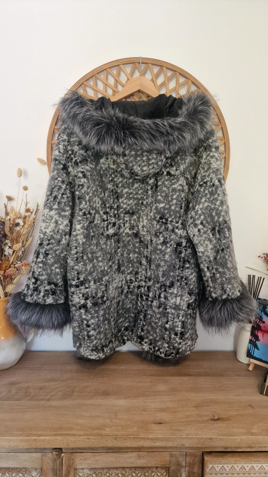 Abrigo lana gris pelo capucha Made in Italy | Manteau laine fourrure | Wool Fur Coat – Made In Italy – taille L / 40 / 12 5