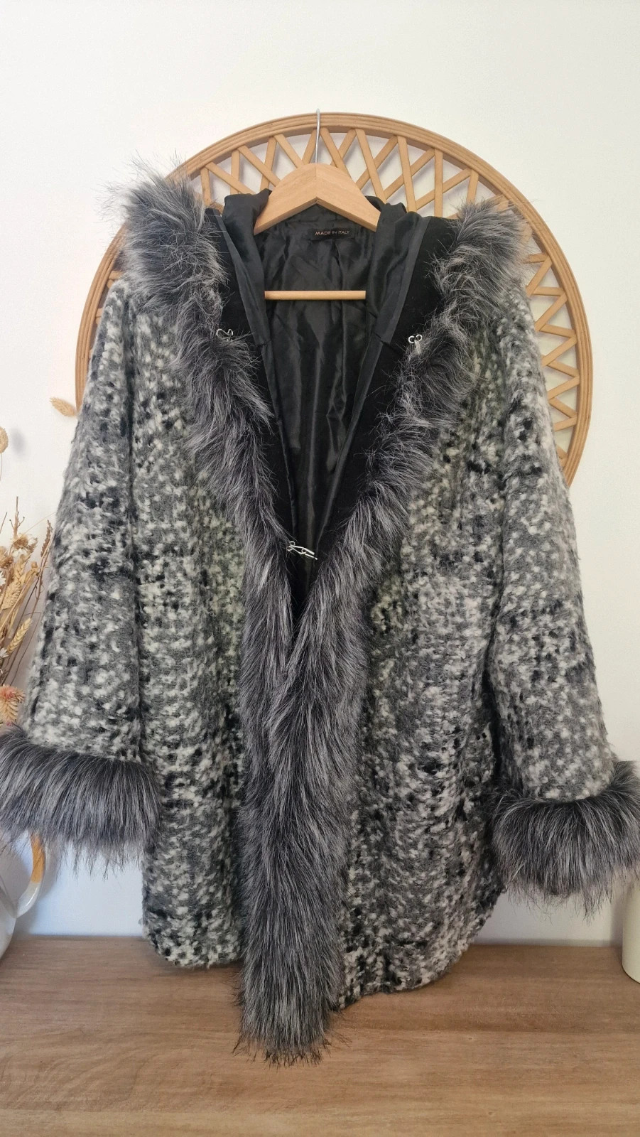 Abrigo lana gris pelo capucha Made in Italy | Manteau laine fourrure | Wool Fur Coat – Made In Italy – taille L / 40 / 12 4
