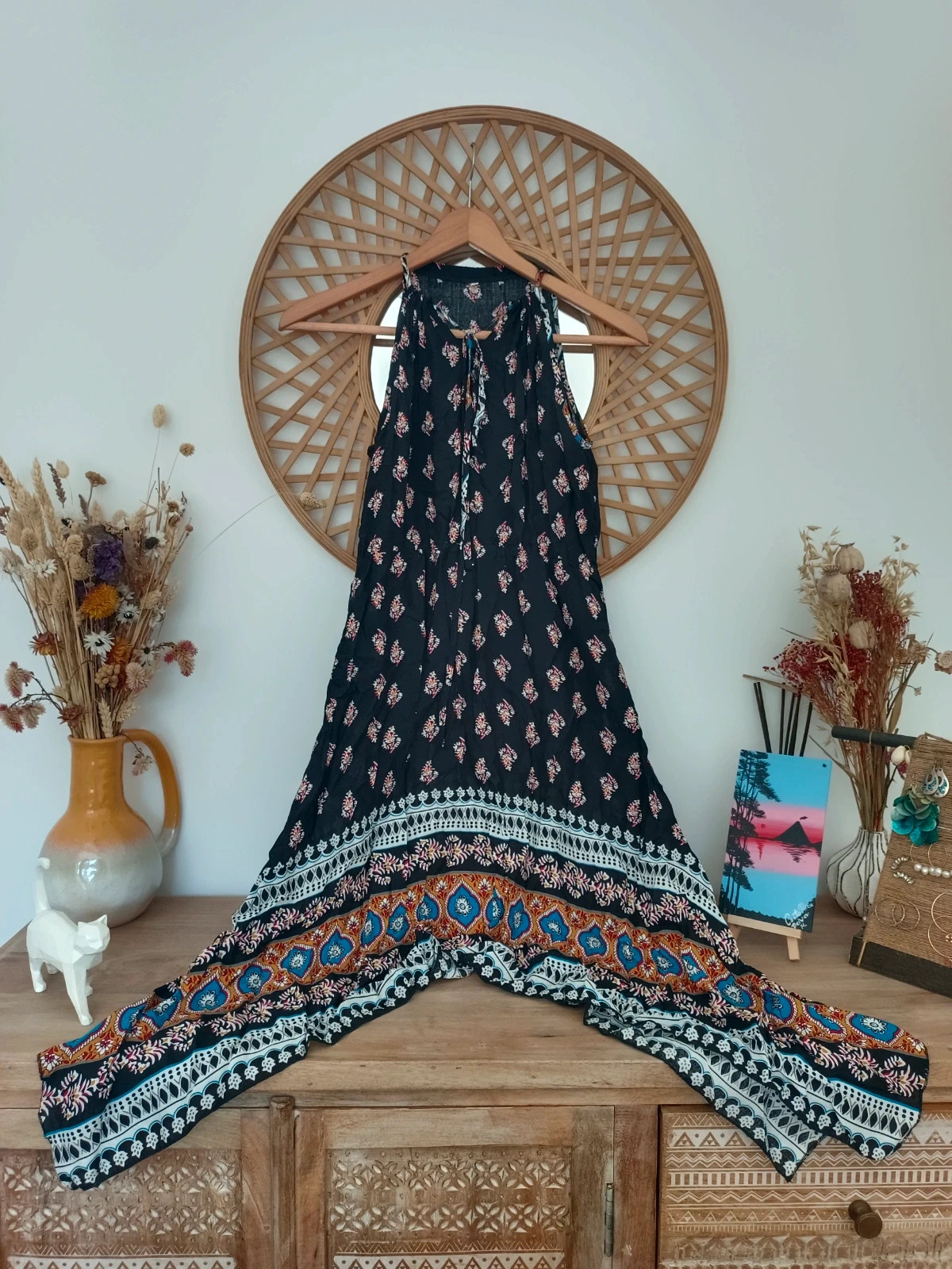Vestido boho negro estampado étnico asimétrico rayon talla S verano festival – Boho Style – taille S / 36 / 8 2