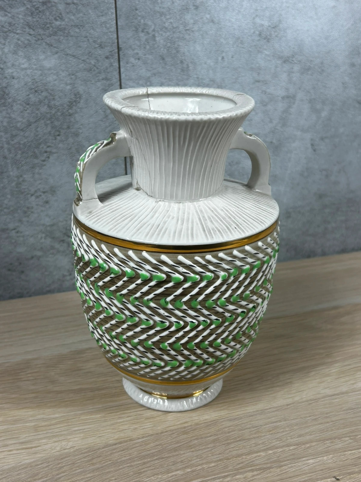 Vase amphore vintage céramique relief tressage double anses blanc vert doré 2