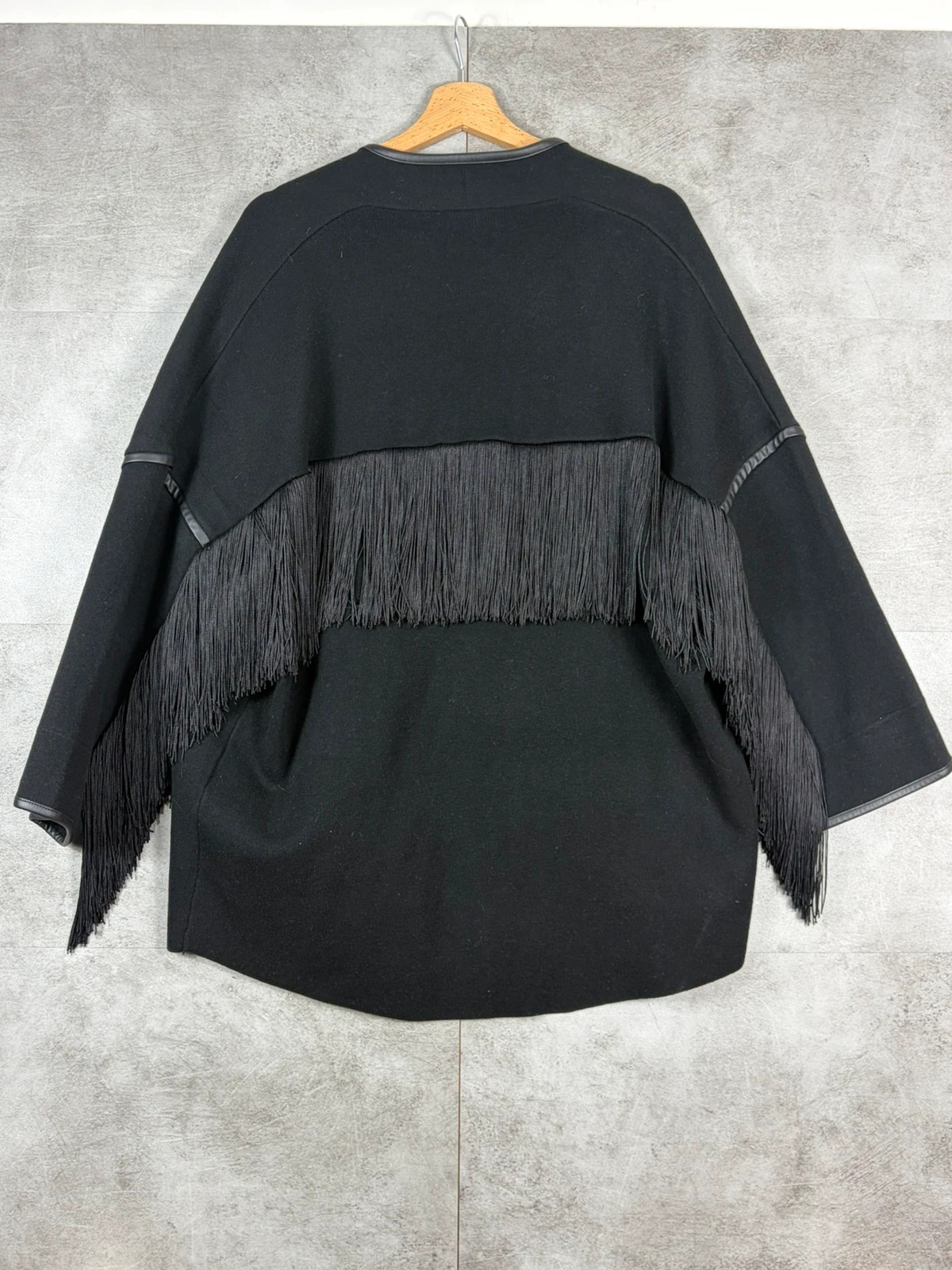 Maje femme cape veste taille 3 oversize laine franges détails cuir noir bohème chic – Maje – taille L / 40 / 12 2