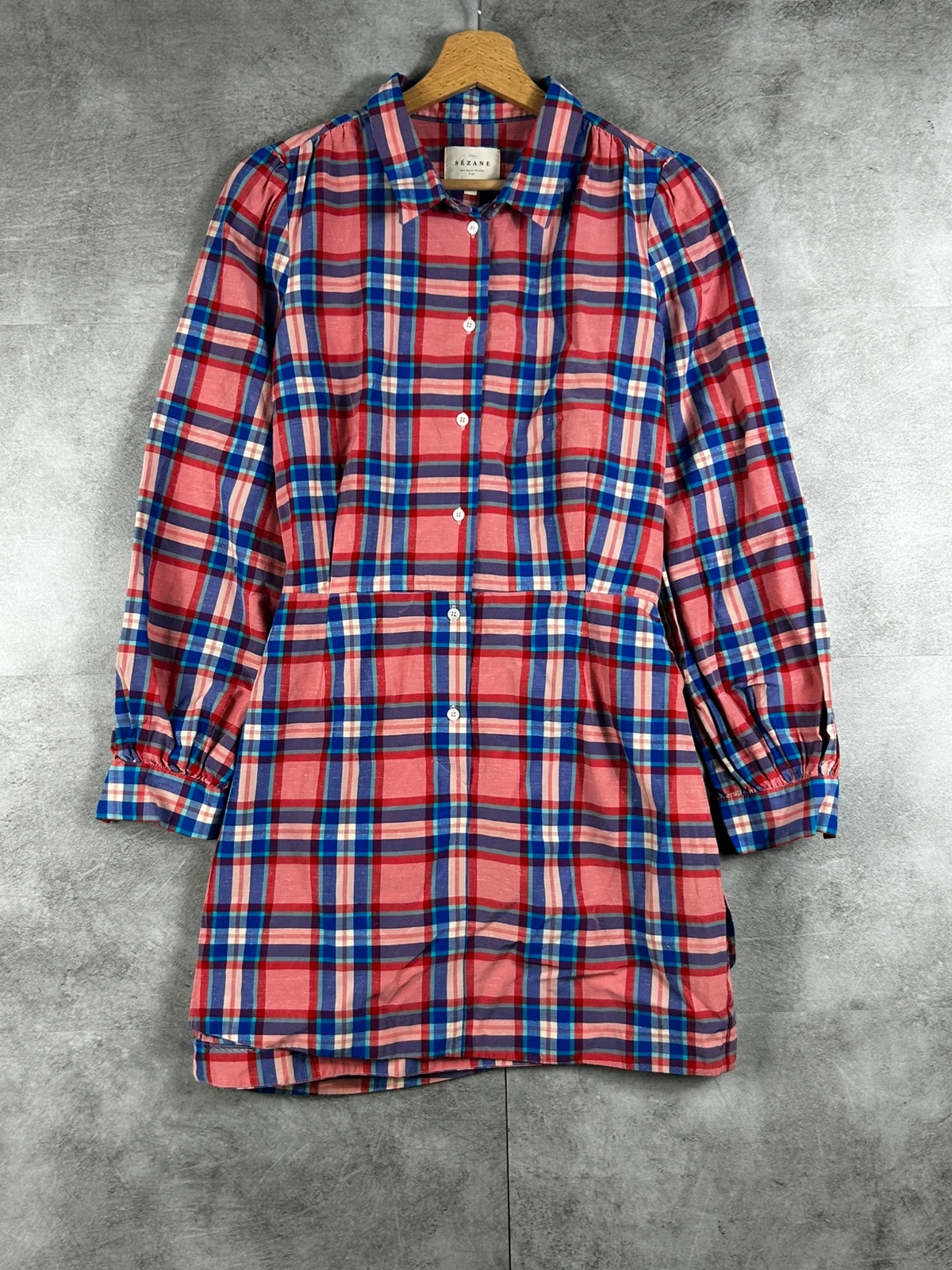 Sézane Robe Chemise Carreaux 38 Rose Bleu Ceinture Nouée Coton Acétate Paris