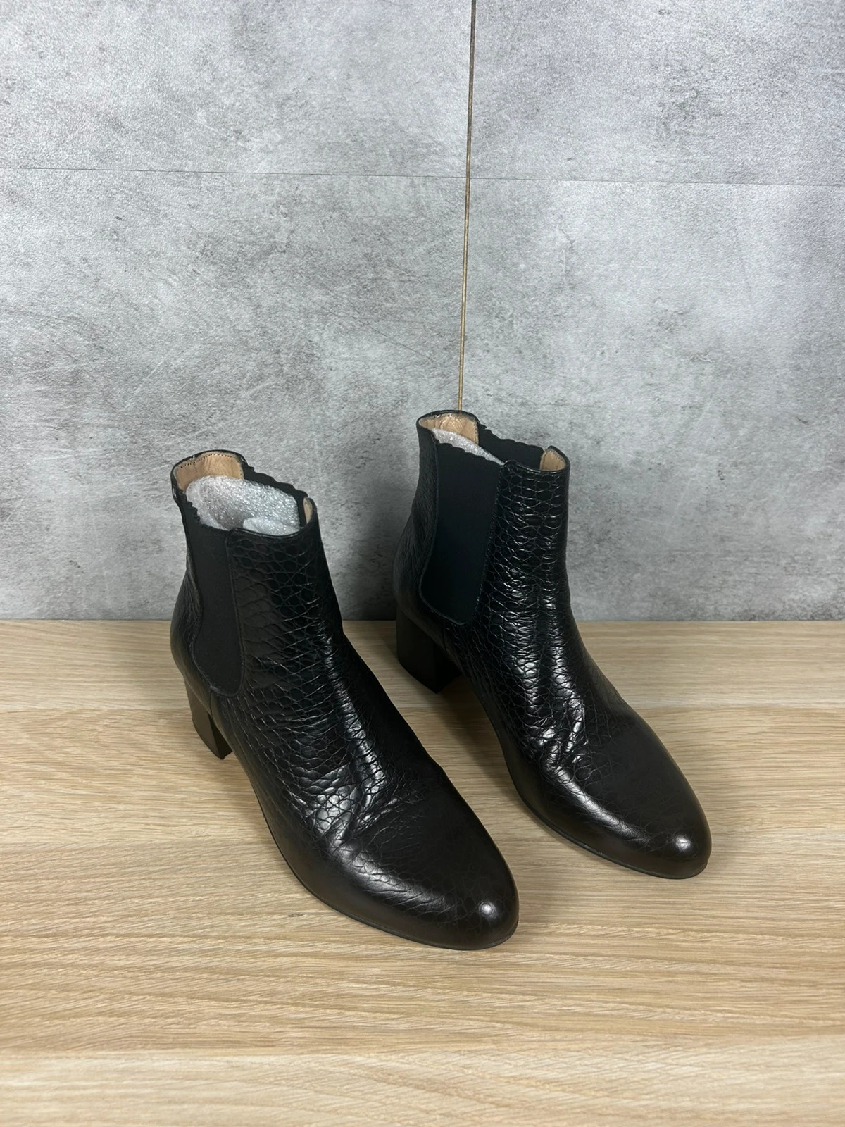Bottines femmes chelsea cuir embossé croco T39 noir talon bloc élégantes – M. Moustache – taille 39