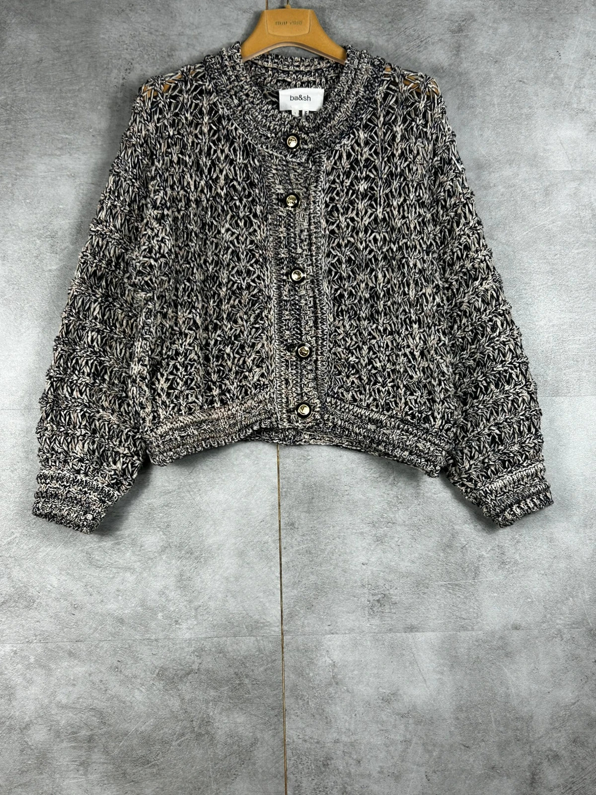 ba&sh femmes cardigan maille ajourée oversize taille 1 noir beige lurex bohème luxe chunky knit