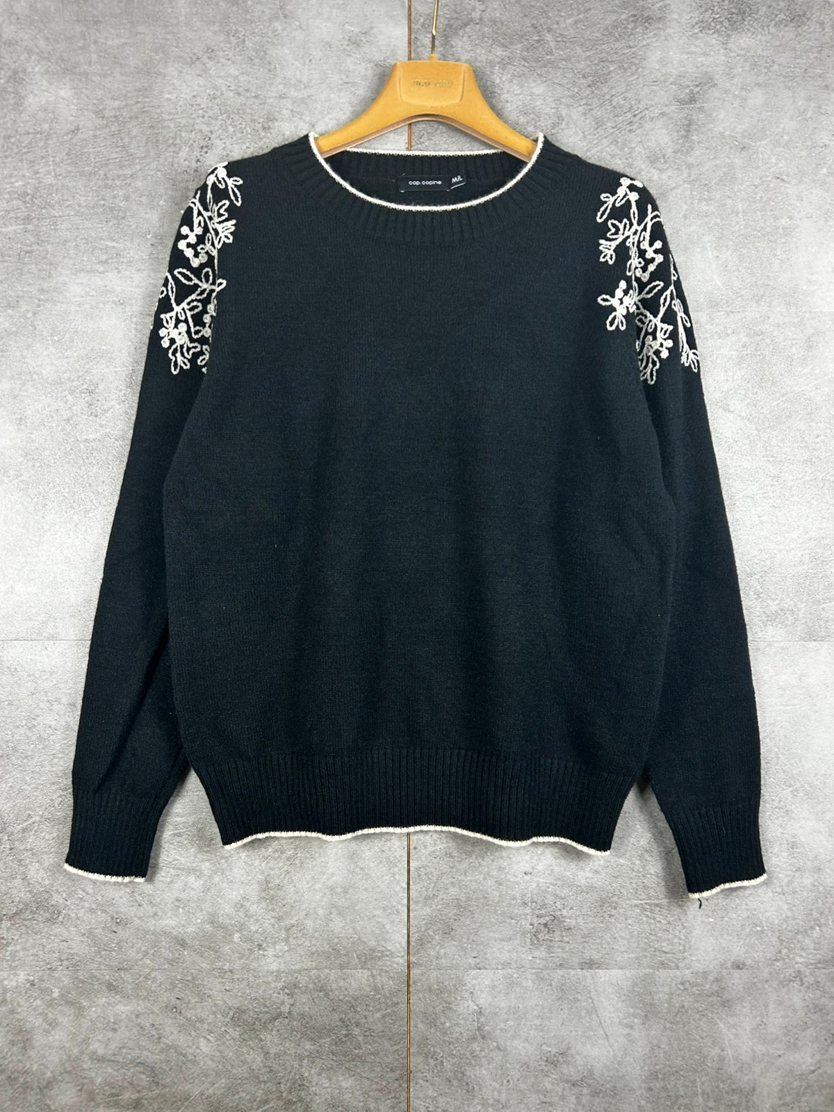 Cop Copine femme pull brodé floral taille M L noir blanc oversize maille douce bohème