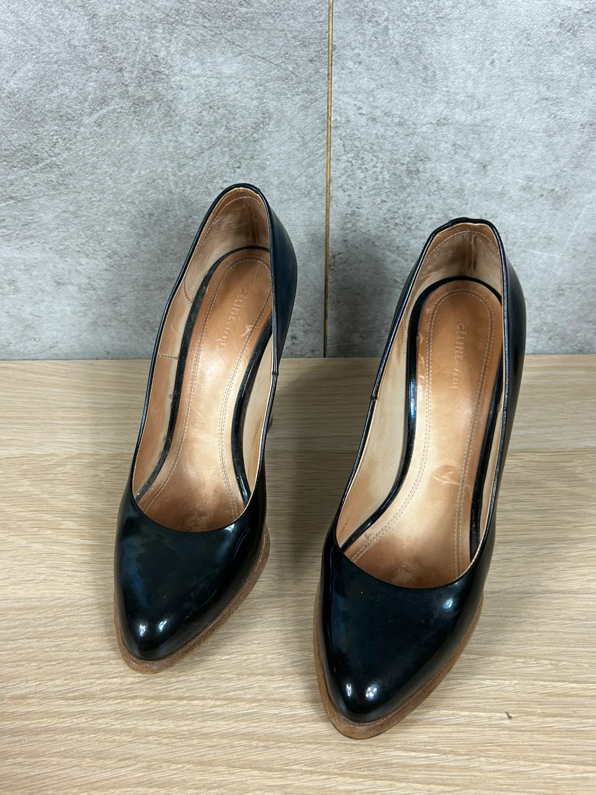 Celine femmes escarpins cuir verni noir talon bois plateforme luxe taille 36