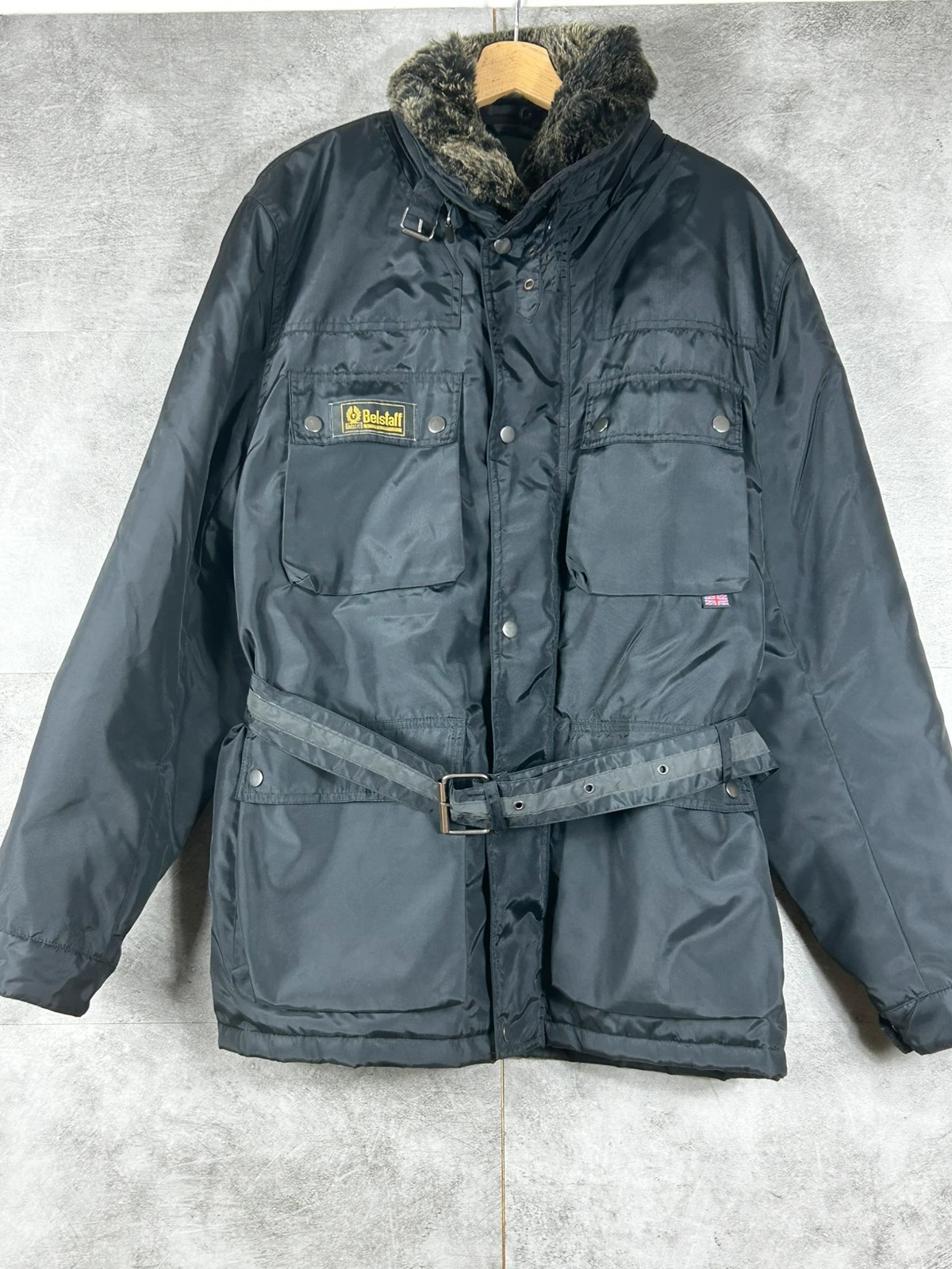 Belstaff Trialmaster homme XXL veste moto ceinturée doublée col fourrure noir vintage