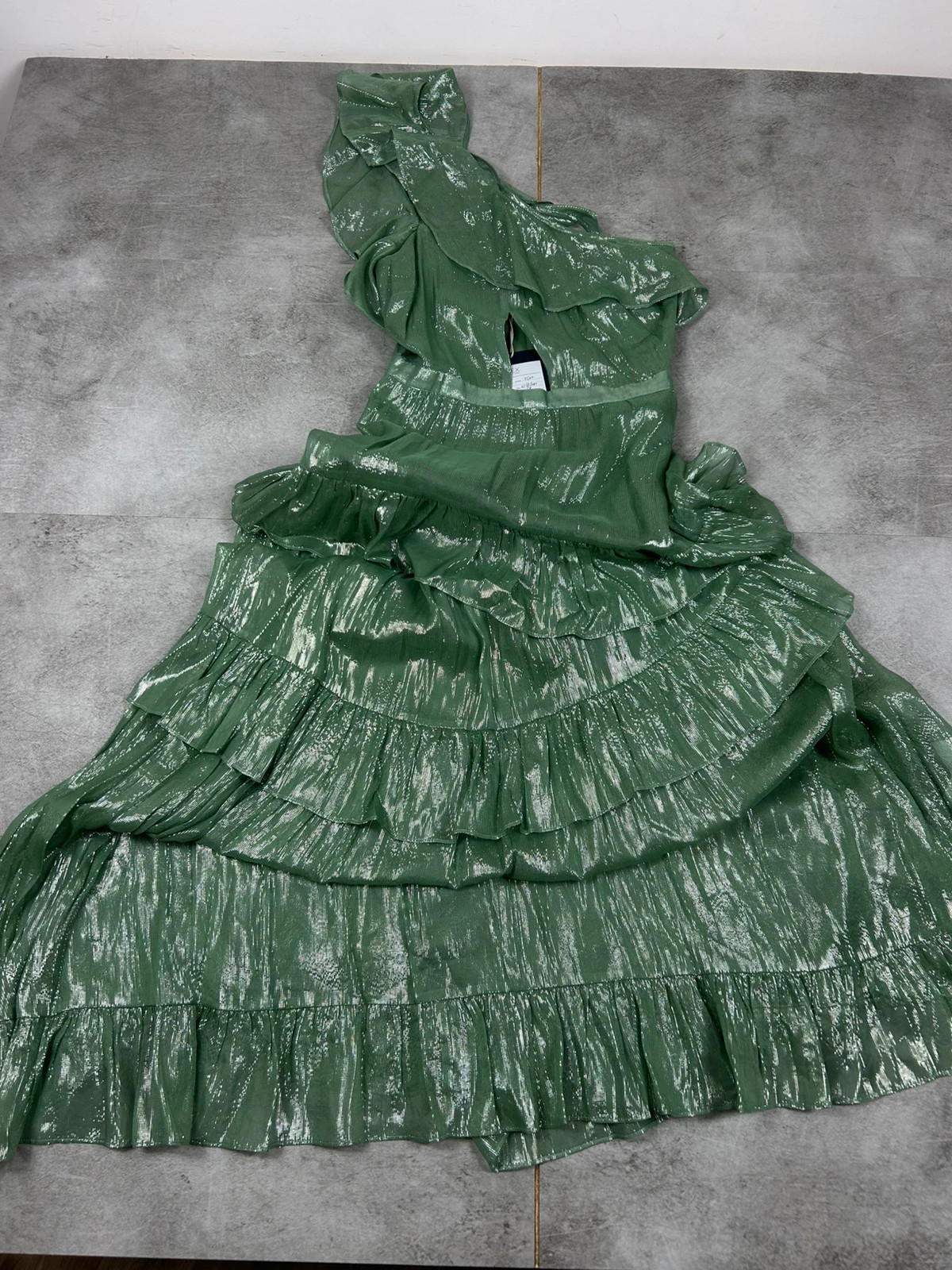 Maje femmes robe longue Regina prototype taille 36 T1 verte métallisée volant – Maje – taille S / 36 / 8 3