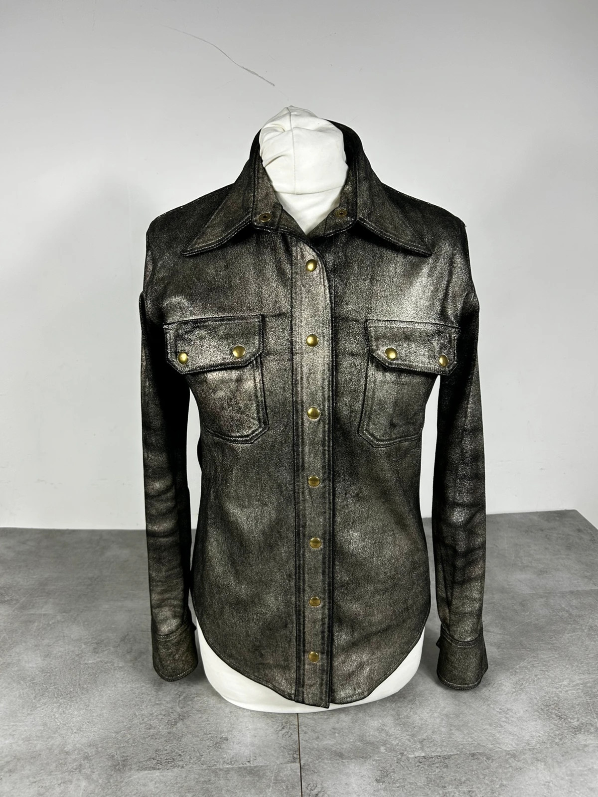 Jerome Dreyfuss femmes veste cuir agneau metallise bronze chemise cuir bouton pression luxe fitted