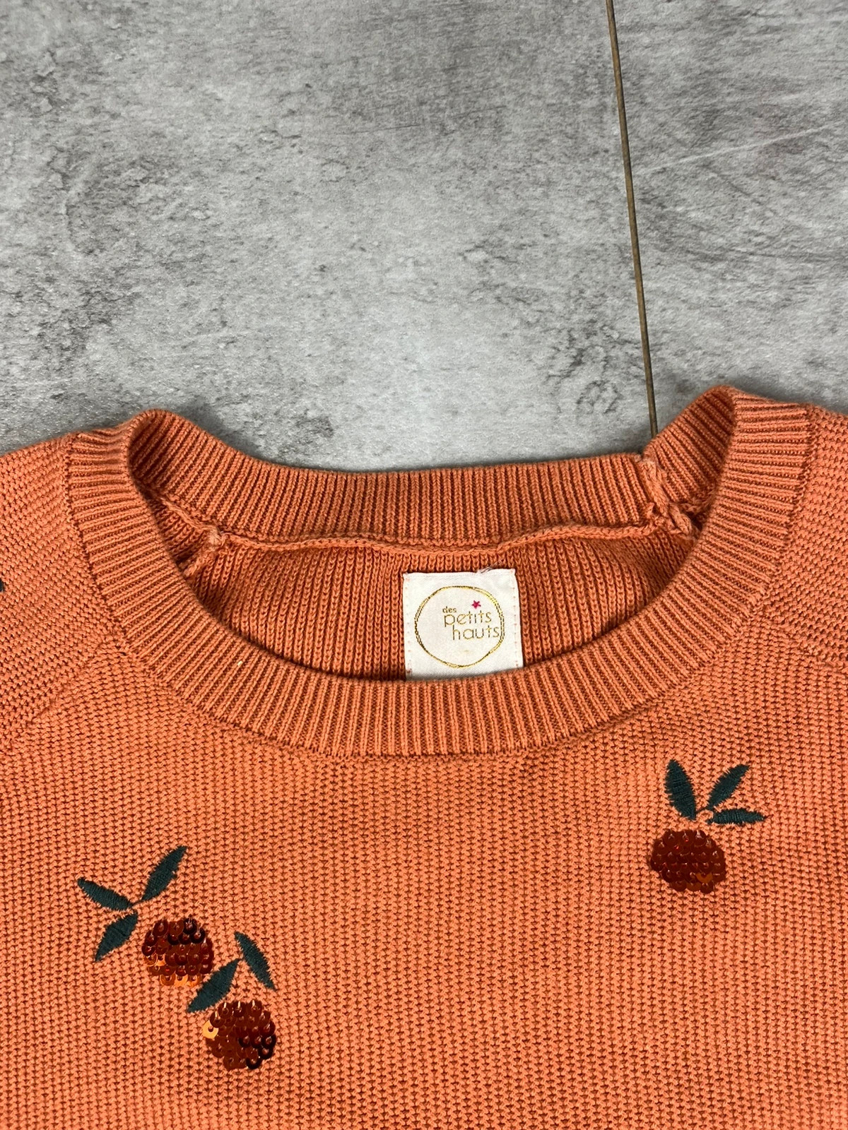 Des Petits Hauts femme pull Doko T0 orange motifs fruits brodés sequins maille fantaisie doux – Des Petits Hauts – taille XS / 34 / 6 4