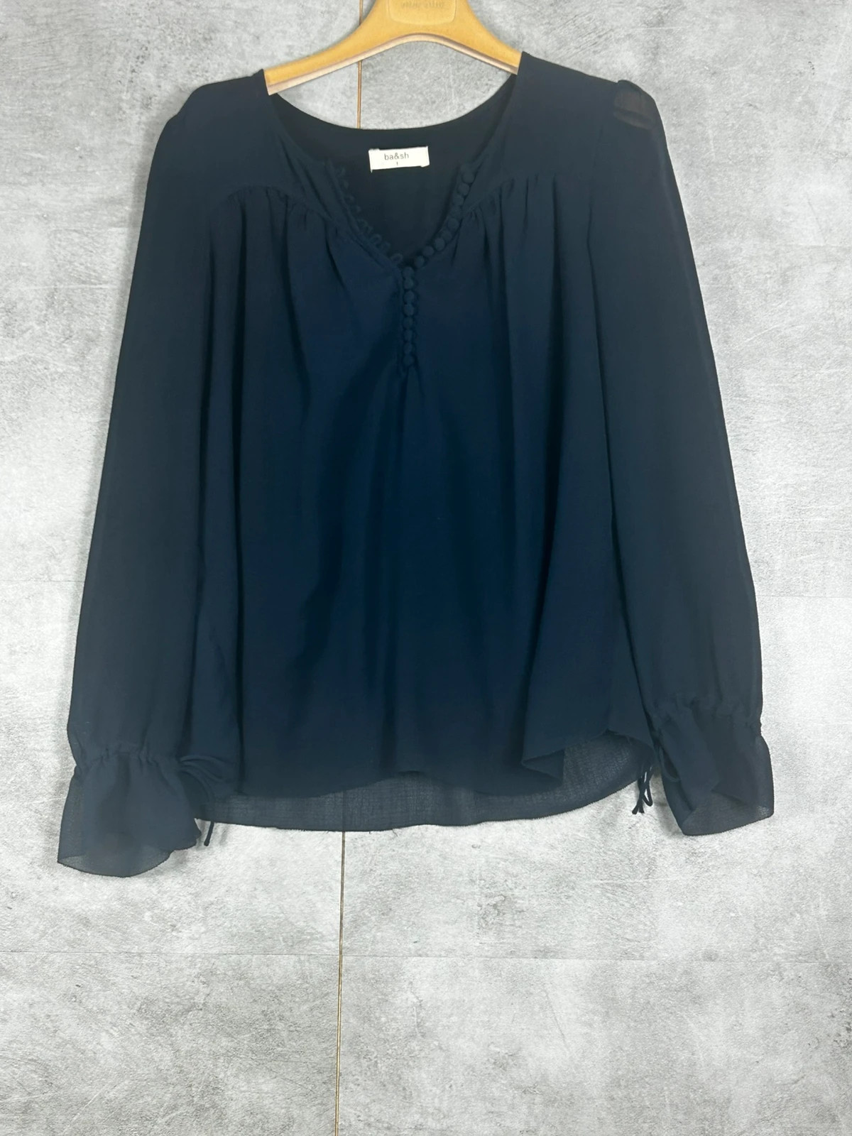 Ba&sh femme blouse fluide taille 1 manches longues volantées bleu marine bohème chic