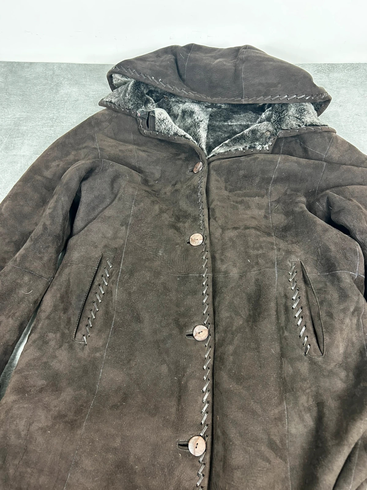 shearling femme manteau peau retournée vintage taille 44 peau lainée capuche amovible – Original Shearling – taille XXL / 44 / 16 3