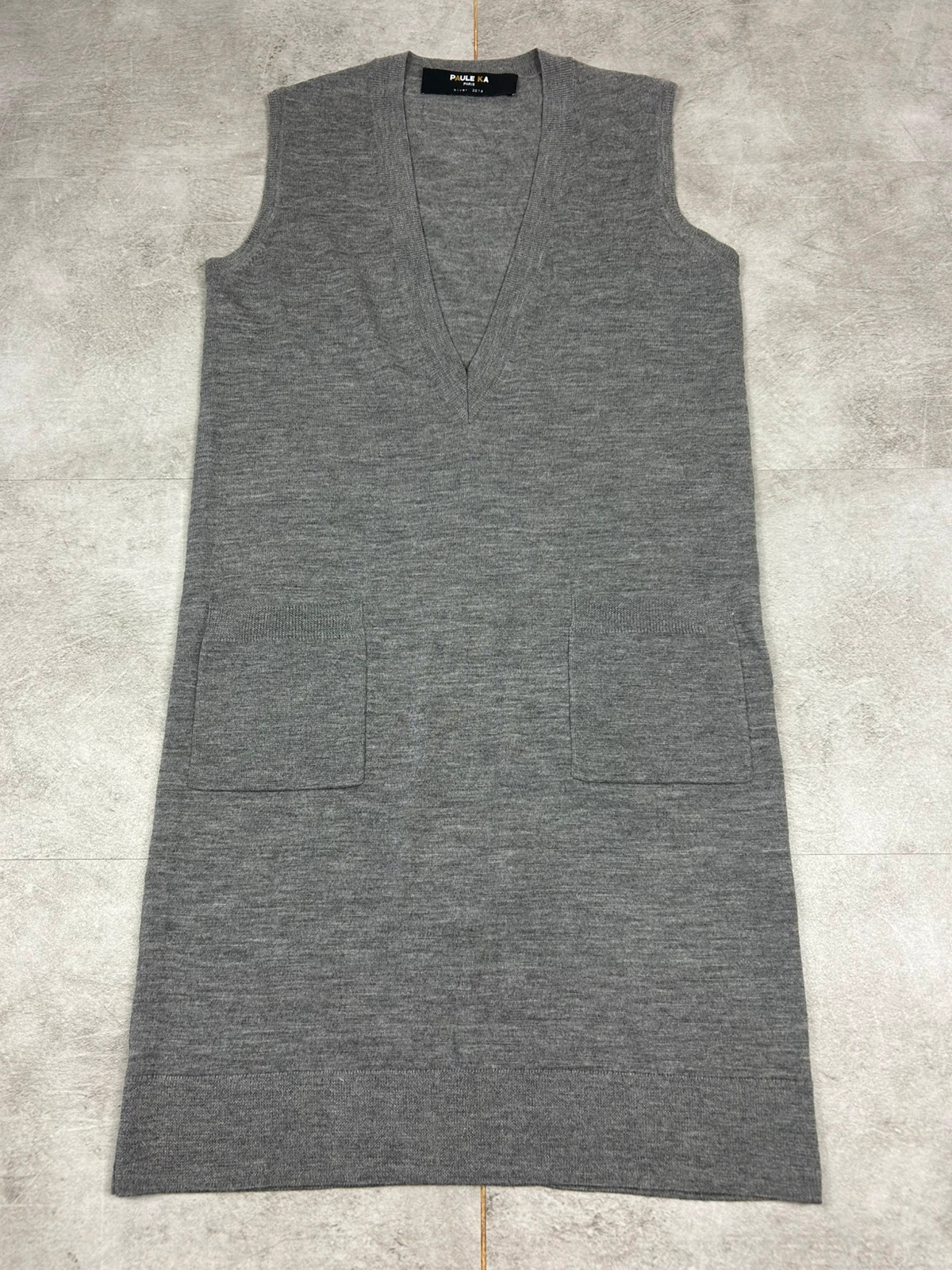 Paule Ka femmes robe Robe pull sans manches gris chiné maille fine col V Hiver 2016 poches plaquées – Paule Ka – taille M / 38 / 10 2