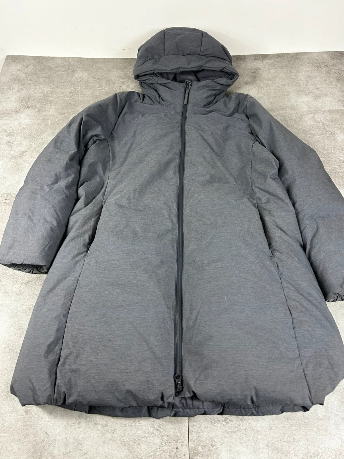 Uniqlo femmes doudoune sans couture XL gris capuche duvet longue minimaliste chaude légère