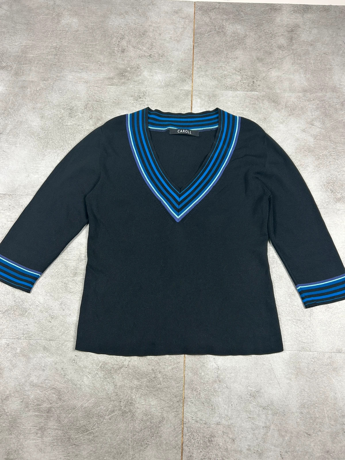 Pull fin Caroll noir col V rayures bleu violet femme manches 3/4 équiv M/L chic – Caroll – taille M / 38 / 10 2