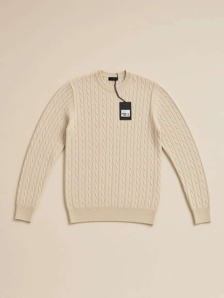 Men's Beige Cable-Knit Crewneck Sweater